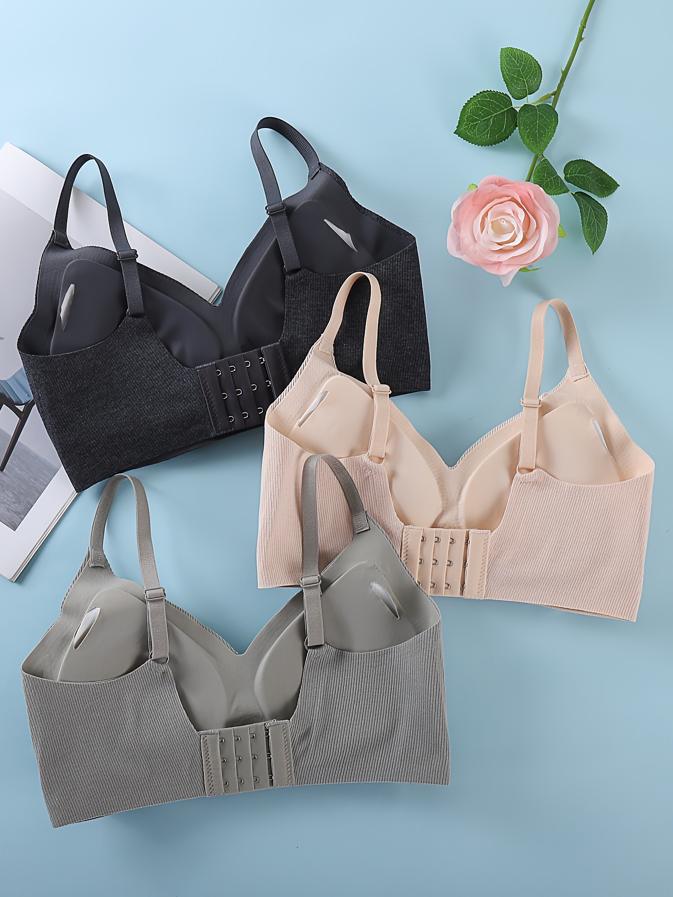 3pcs seamless wireless bras with removable pads breathable nylon blend adjustable straps elegant design in black beige light gray comfortable casual attire for women versatile lingerie minimalist bra cup bras details 1