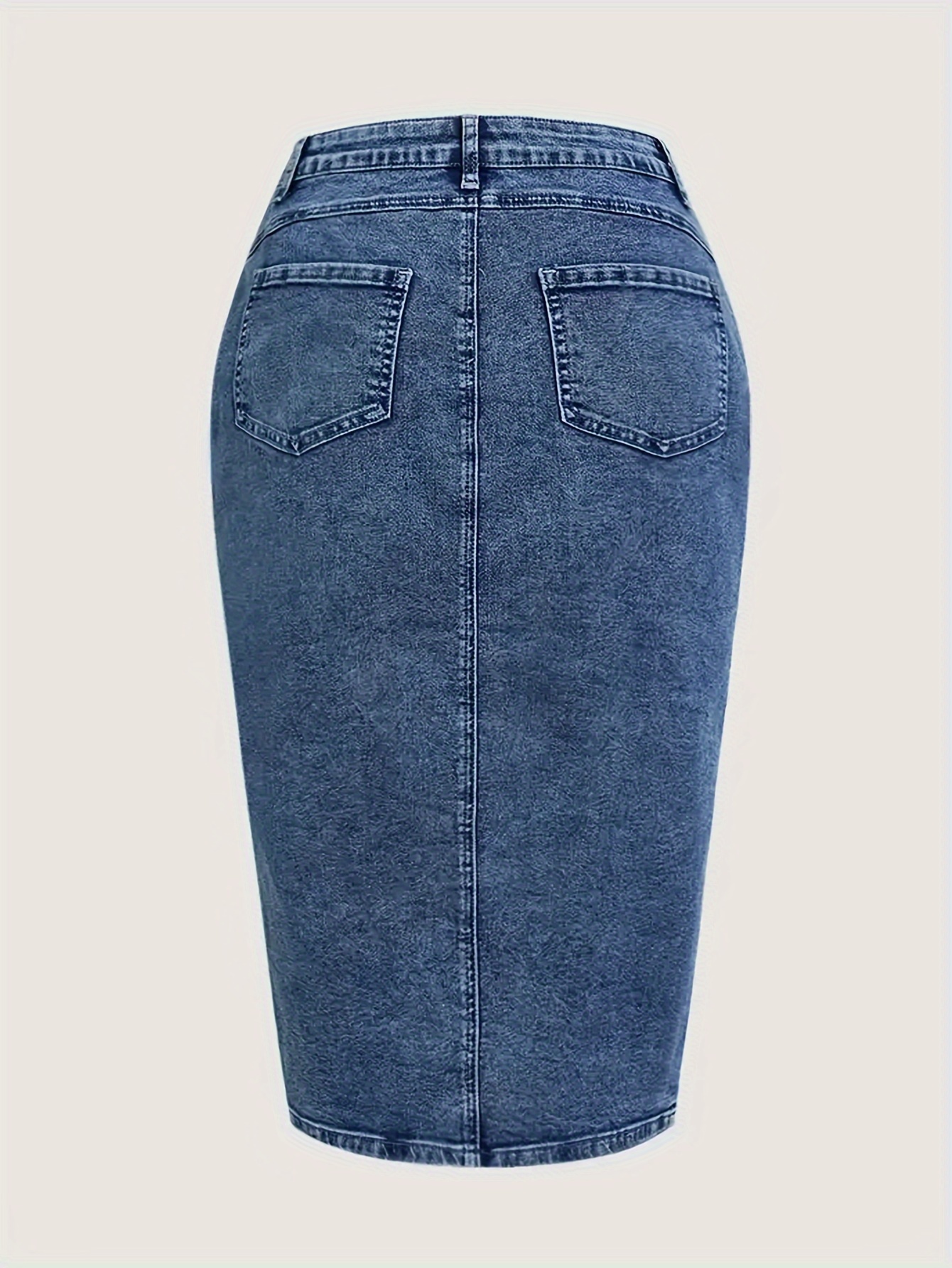 Women'S Midi Denim Skirt with Button Detail, Casual High Stretch Waist  Regular Fit, Solid Color, Woven Fabric, Spring/Summer/Fall Season, No Belt