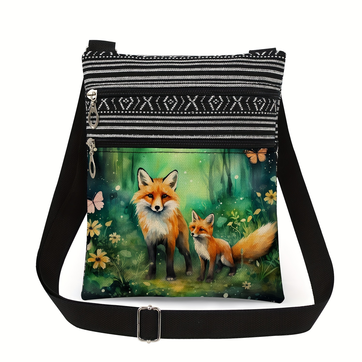 Cute Fox Print Messenger Bag, Birthday Gift, Portable Coin Purse, Shoulder Bag (black And White Stripe Position Random)