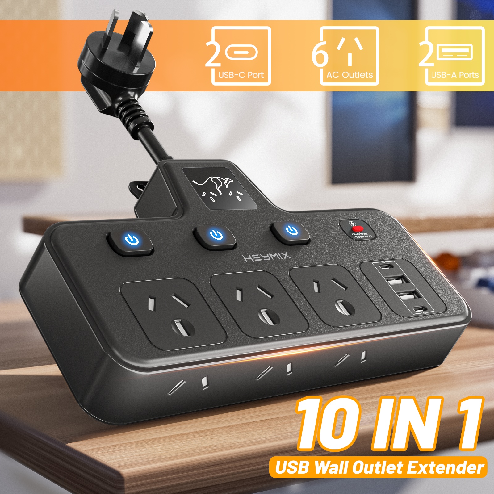TEMU 10-in-1 Protector Power Strip With 6 Outlets, 2 Usb-c And 2 Usb-a, 2400w Strip, Short Flexible Cable And Overlord Switch For Home And Office
