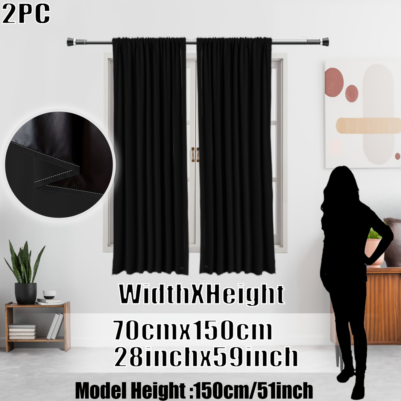 TEMU Pack Of 2, Classic Solid Color 100% Blackout Kitchen Curtains, 8 Colors Available, Top Rod Pocket, Black Lined Coating, Protection, Privacy