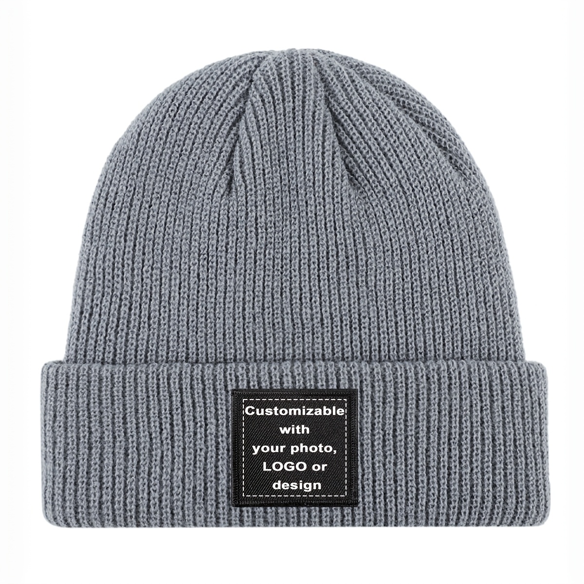 TEMU 1pc Men's Personalized Custom Photo/logo/text Winter Beanie Hat - Brimless Knit With Photo/logo/text Print On Black Square Block, Stretchy Soft