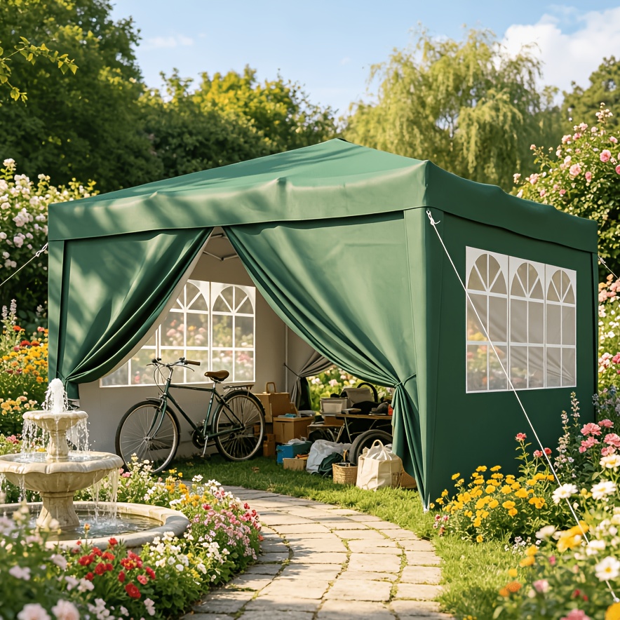 Image of 3.42 X 3.42m Pop Up Canopy Carport With 4 Removable , Portable Outdoor Car Canopy Shelter For Patio, Camping, Beach And Vehicle Shading With 8 Stakes And 4 Ropes