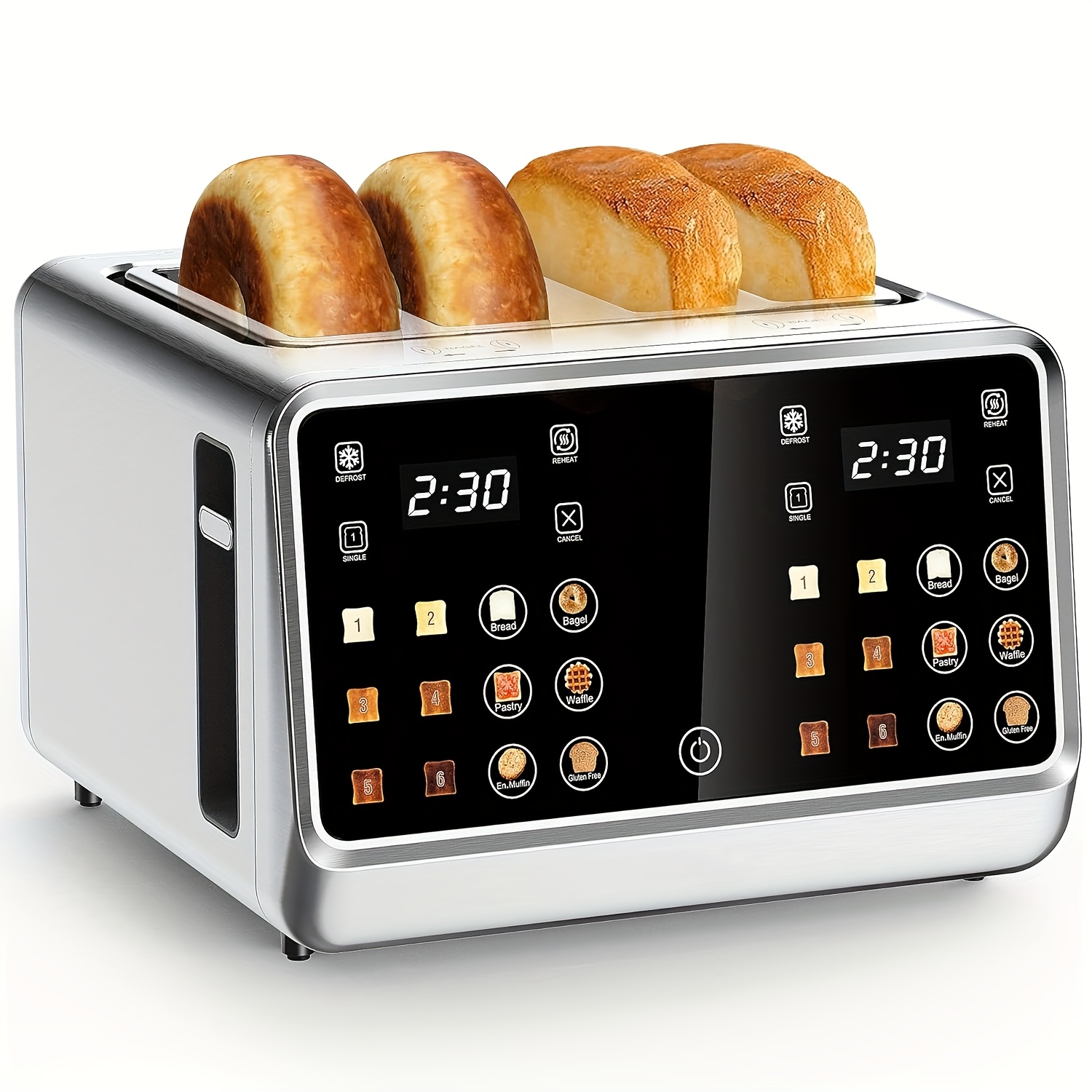 Toaster 4 Slice, Digital Smart Toaster with TouchScreen, Dual Control Panel, Single Slot Toasting, Timer, Reheat & Defrost for Bagels, Bread, Waffles, Stainless Steel Kitchen Essentials