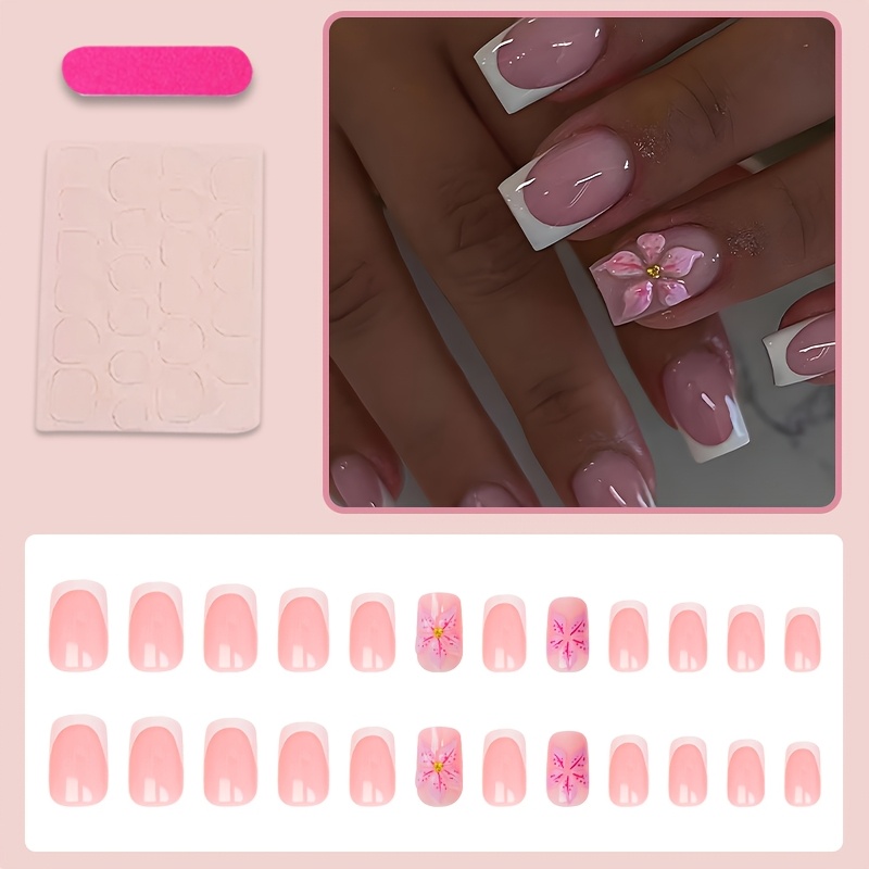 TEMU 24 uñas postizas cuadradas medianas, uñas postizas con rosa nude y decoración de flores 3D, elegante kit de uñas postizas reutilizables y