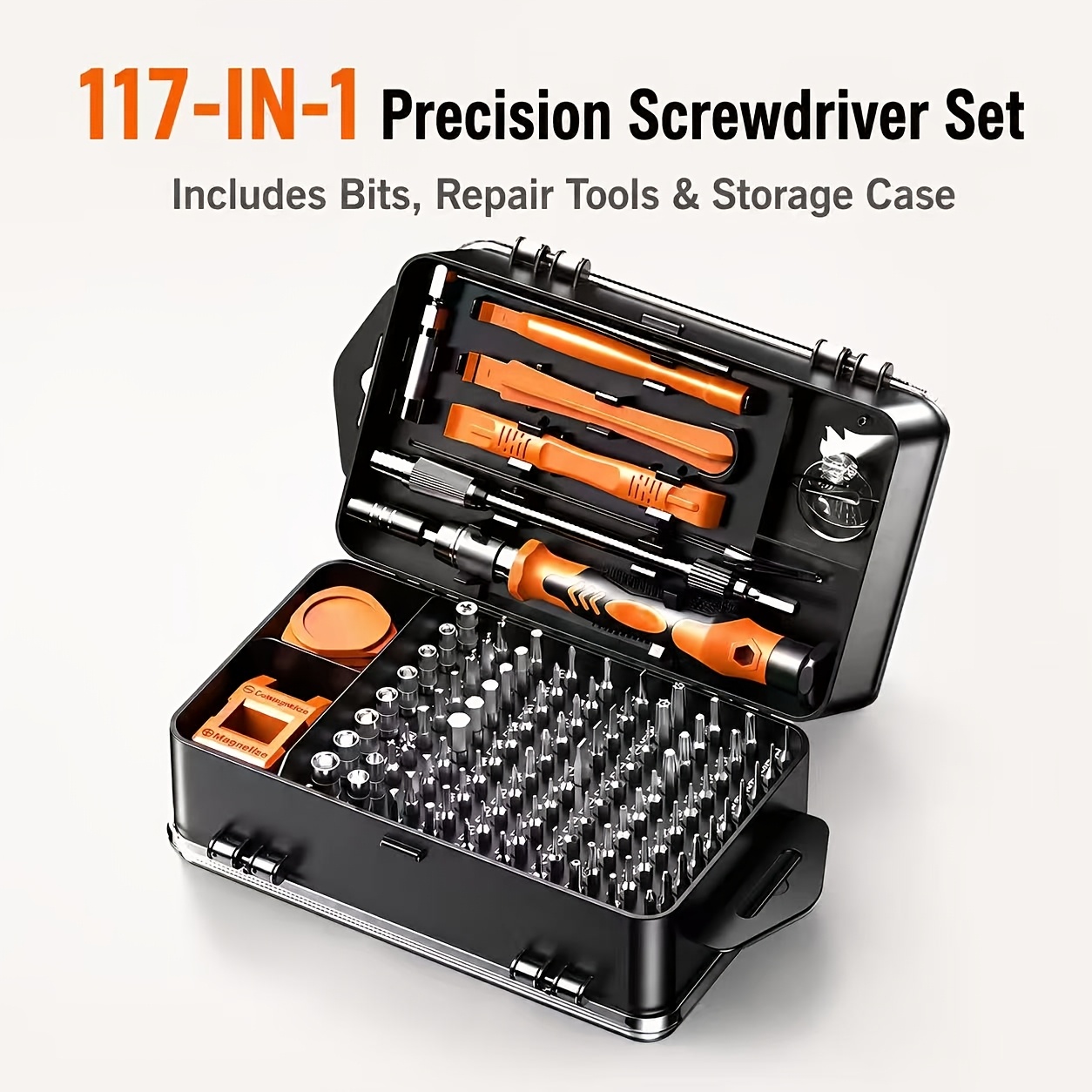 a 117 in 1 multifunction screwdriver set that allows for precise disassembly and can handle everything from phones to computers and watches   it     repair needs with strong magnetic bits and a non slip handle Product details 4