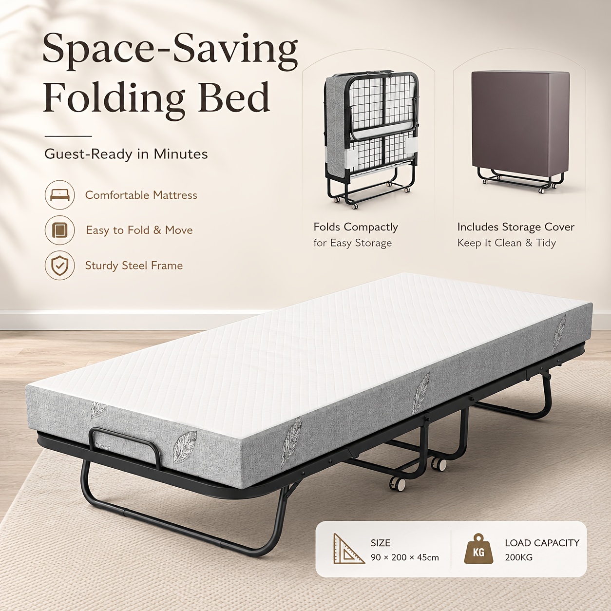 TEMU 90x200cm Foldable Metal Bed With Mattress Portable Rolling Guest Bed With Universal Moving Wheels Stable Metal Bed Frame Sleeping Bed Foldable