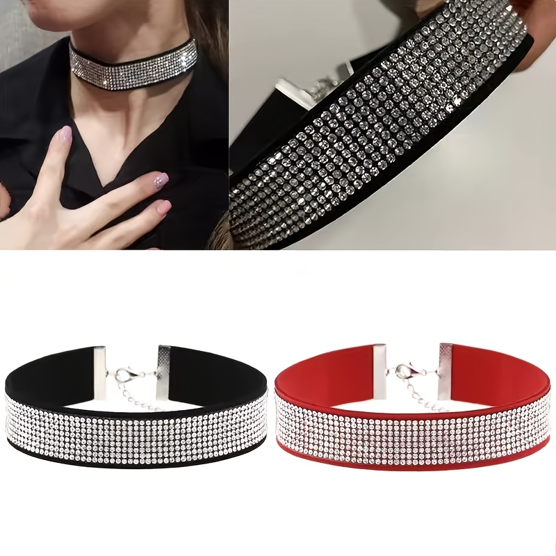Pair of Gothic Punk Choker Necklaces & Red Rhinestone Collarbone Chains