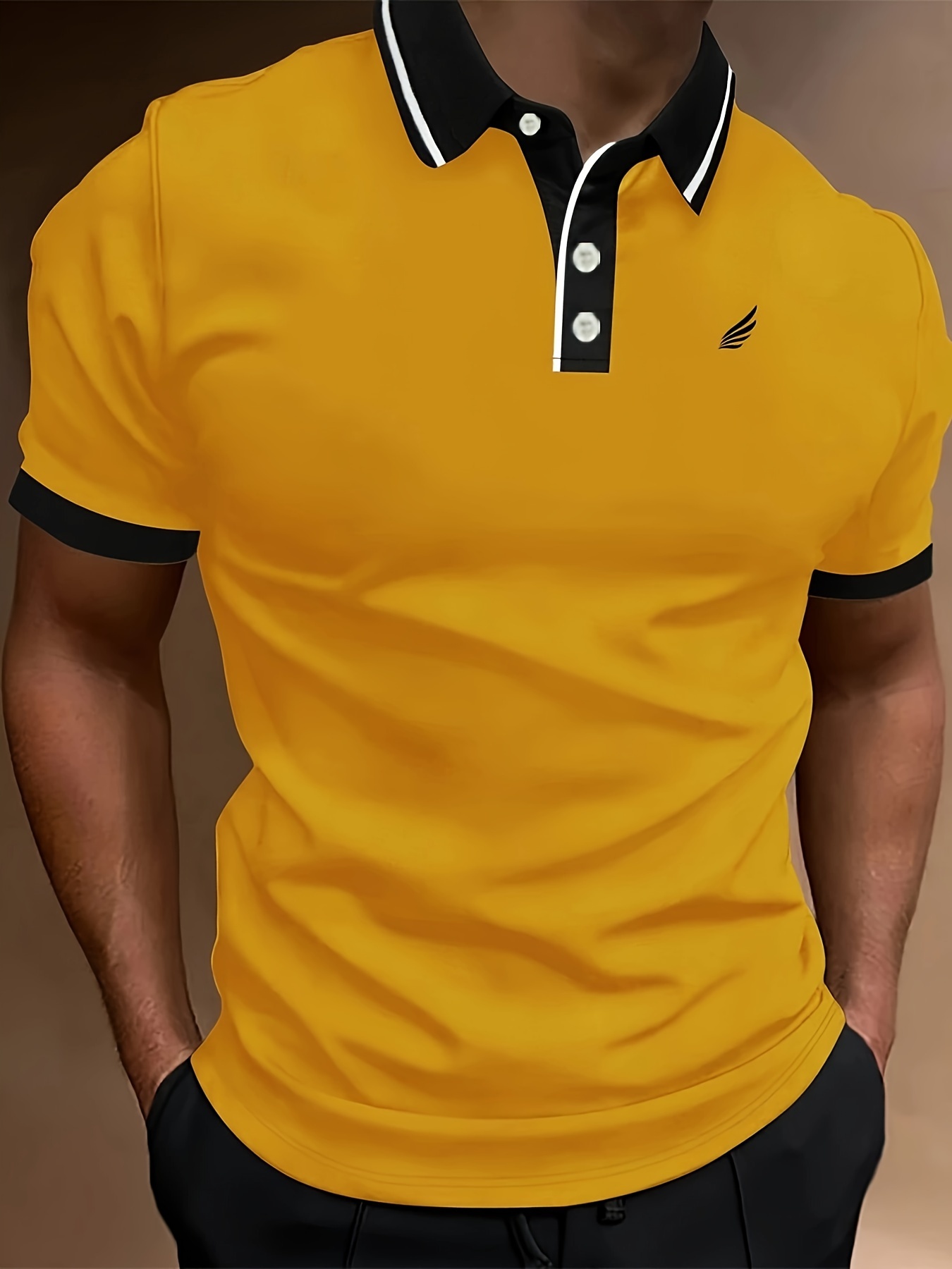 Men'S Lightweight Breathable Summer Shirt - Solid Color Black with White Logo, Short Sleeve, Button-Up Collar, Regular Fit for Golf, Tennis & Casual Wear, Golf Shirt, Golf Attire, Sleek Sporty Design, Comfortable Fabric