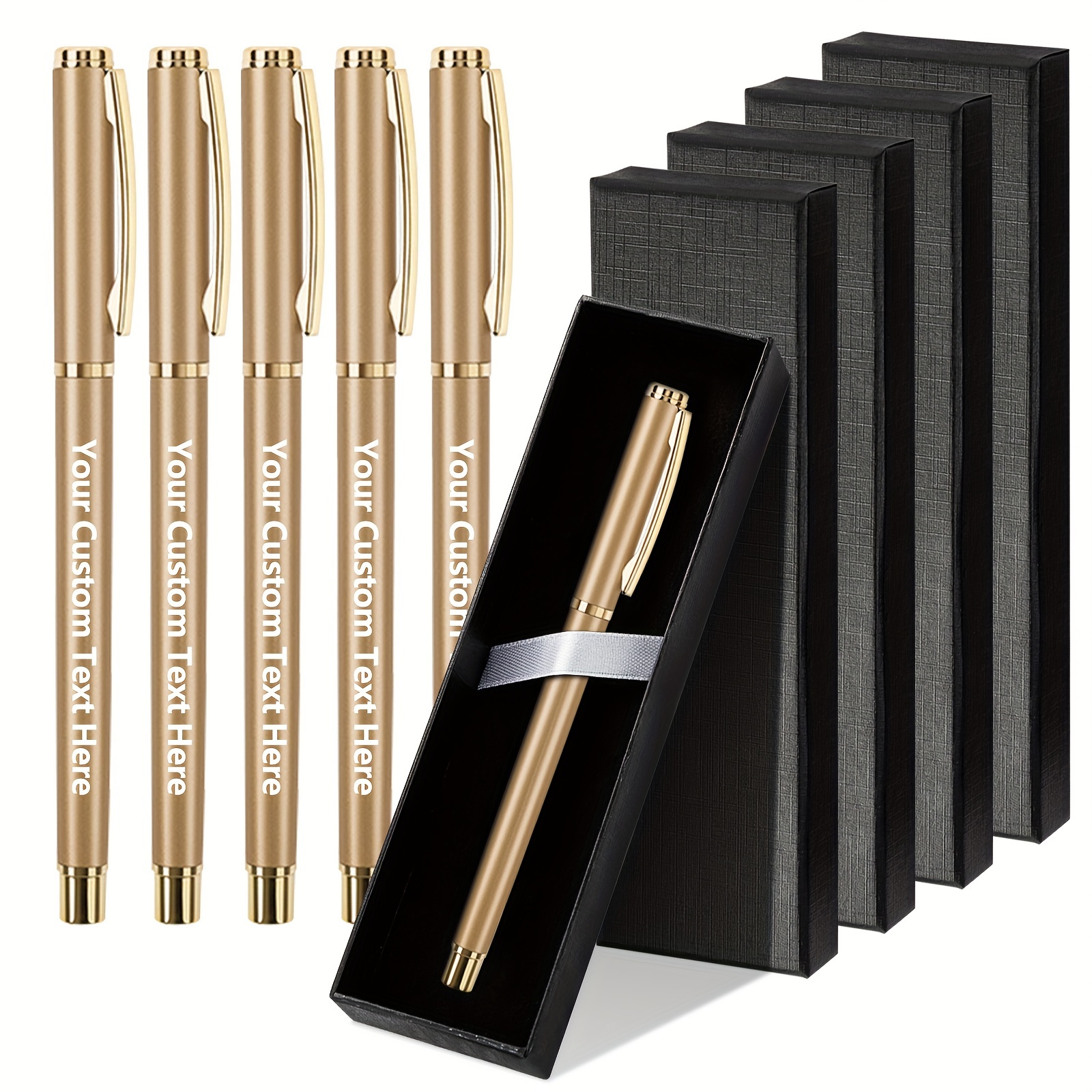 

5-pack Golden Metal Ballpoint Pens With Custom Engraving And Gift Boxes, Snap Closure, Round Barrel And Advertising Gifts