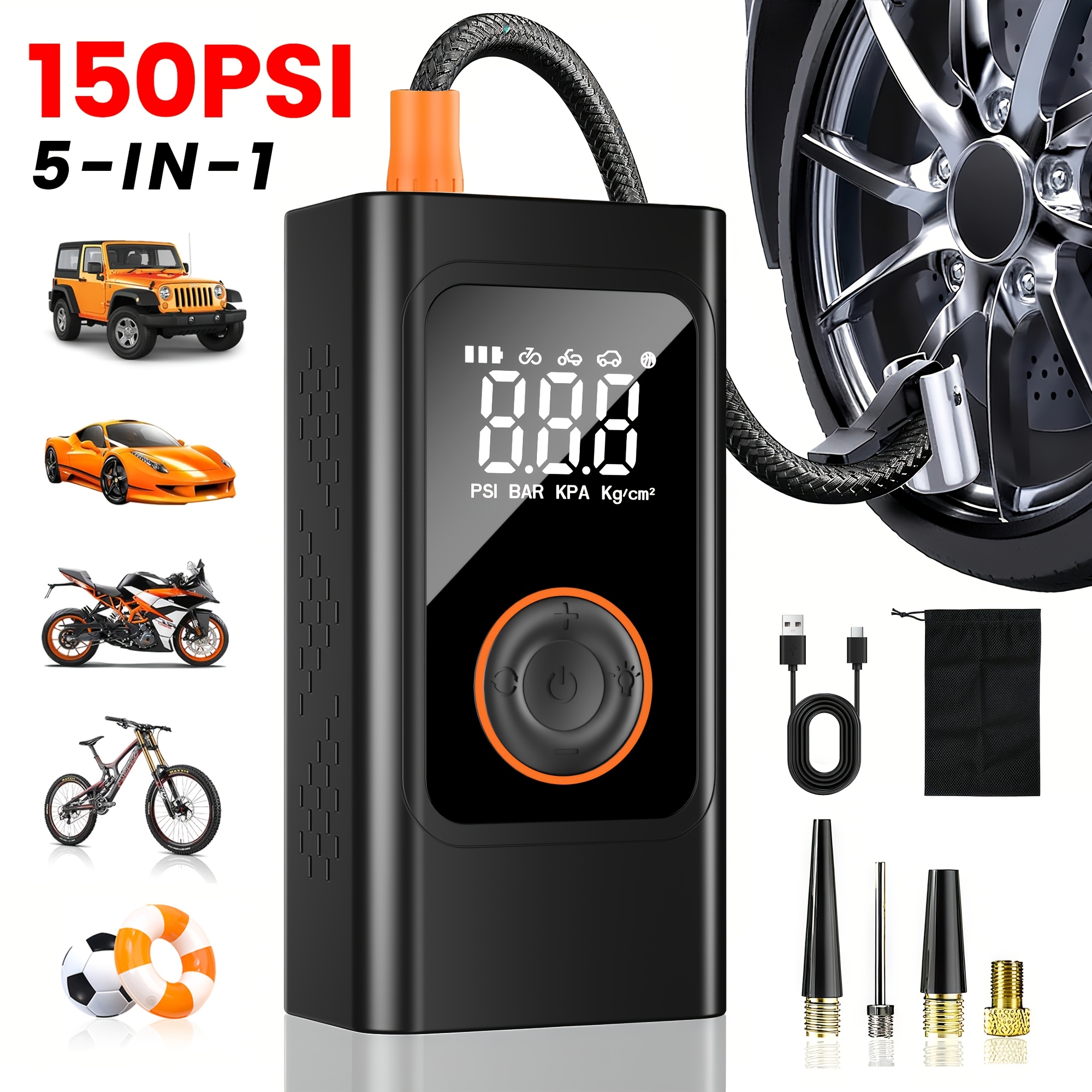 TEMU The Cordless Tire Inflator, 150psi Fast Inflation Portable Air Compressor With 4 , Led Emergency Light For Car, Motorcycle, Bicycle, Inflatables