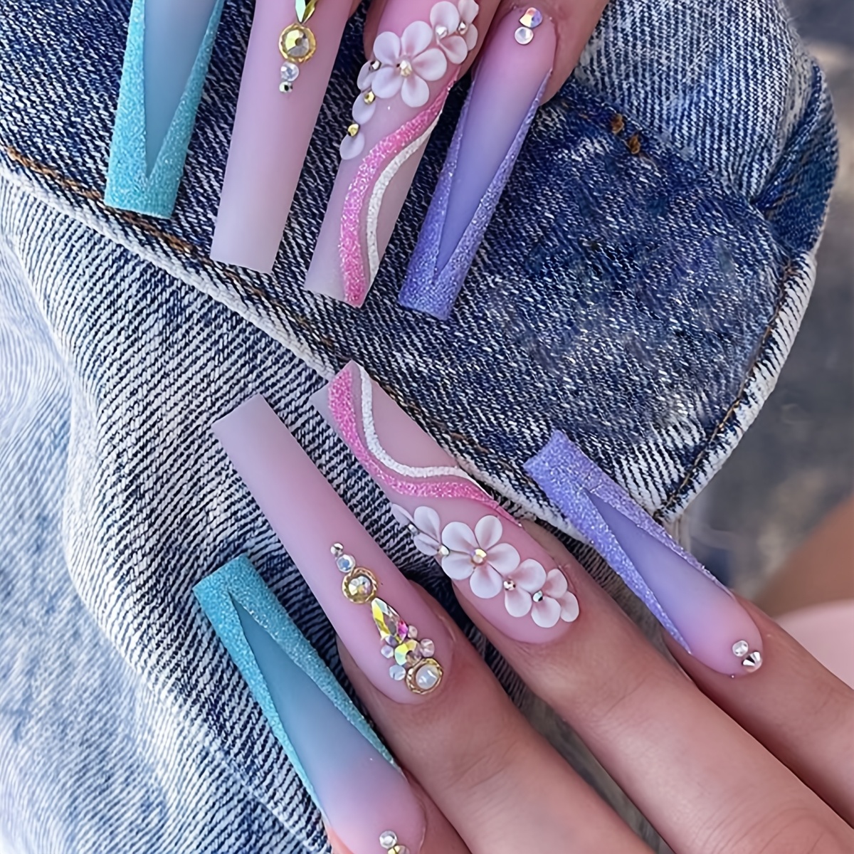 TEMU 24pcs Long Coffin Press On Nails Suitable For Party, Prom, Wedding - /purple/blue Gradient Fake Nails With Glitter , Swirls, White Flowers &