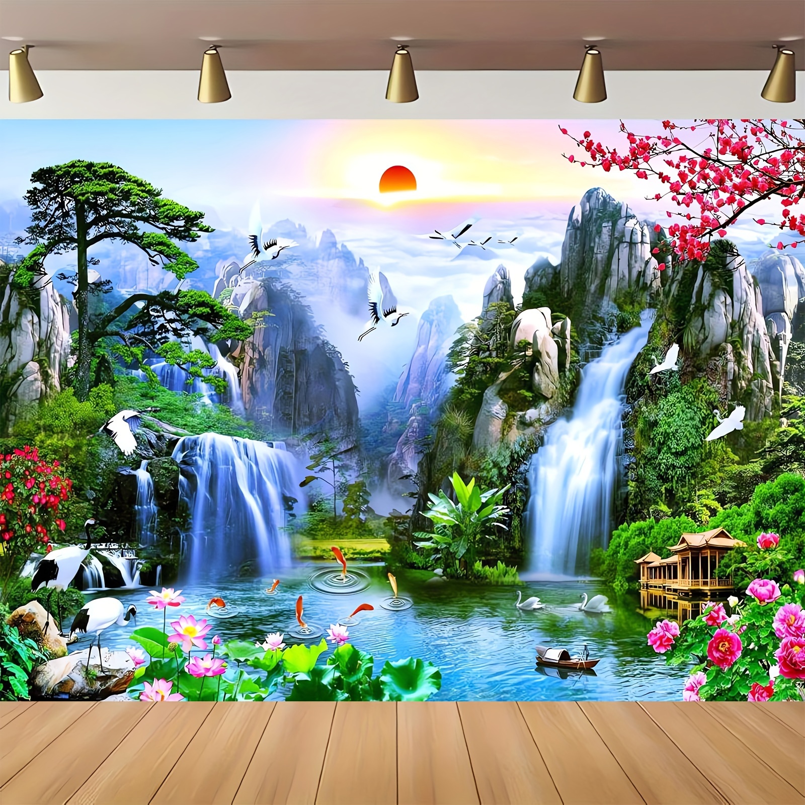 Large Fabric Wall Tapestry Enchanted Waterfall And Landscape_voghion.com