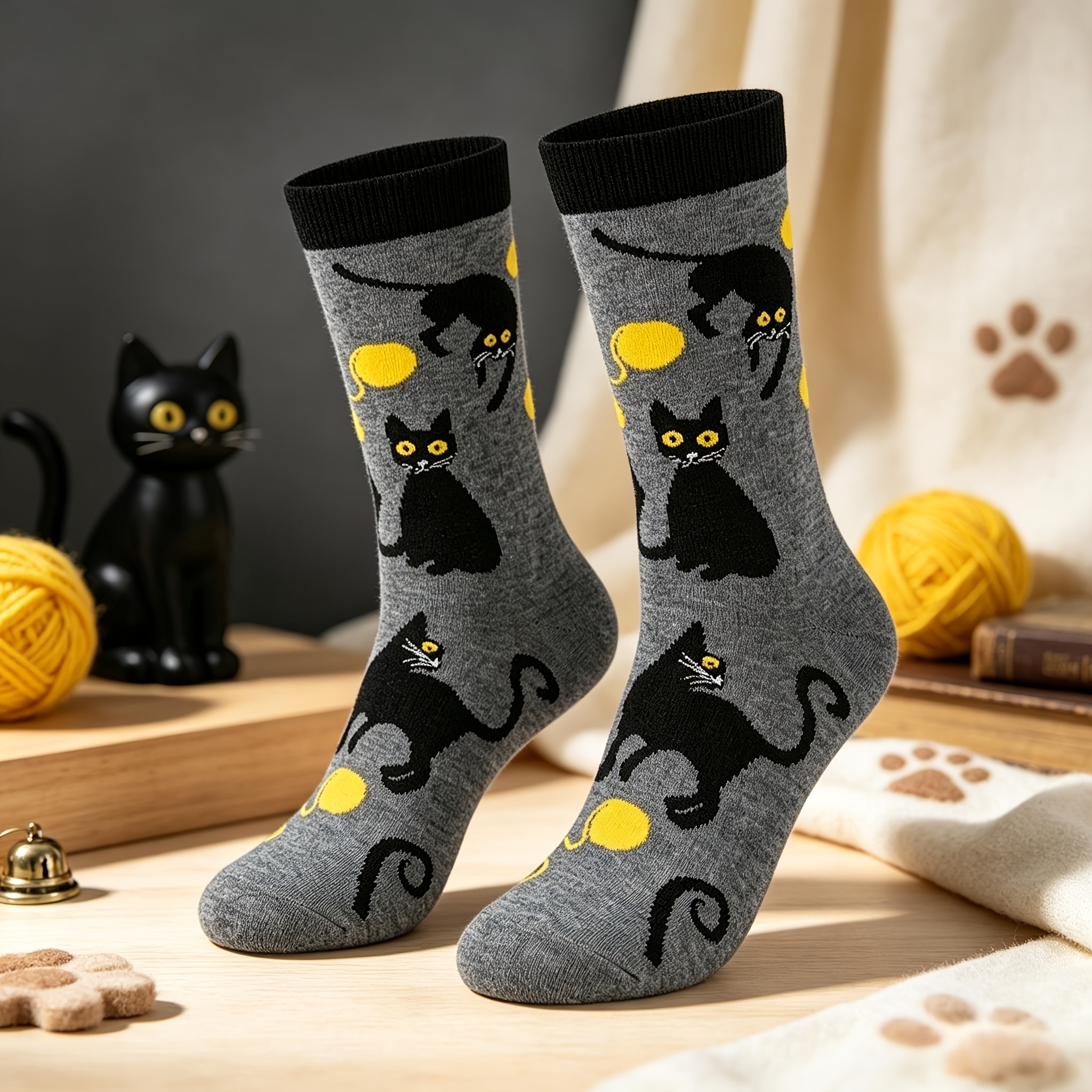 TEMU 1 Pair Men's & Unisex Black Cat Yarn Ball Mid-calf Socks - Stretchy Comfortable Grey Base With Kitten Print, Suitable For Party, Daily Wear,