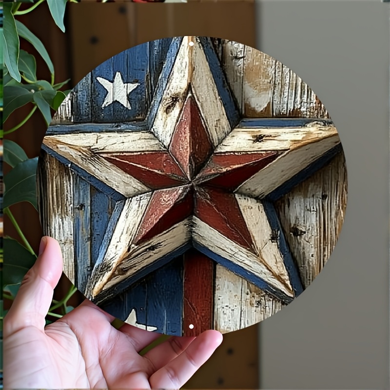 TEMU 2d 1pc 8x8inch Aluminum Vintage American Flag & Design - Round Wall Sign With Wooden Texture, Door Or Wreath Decor, Room Decor Plaque, 2d Flat