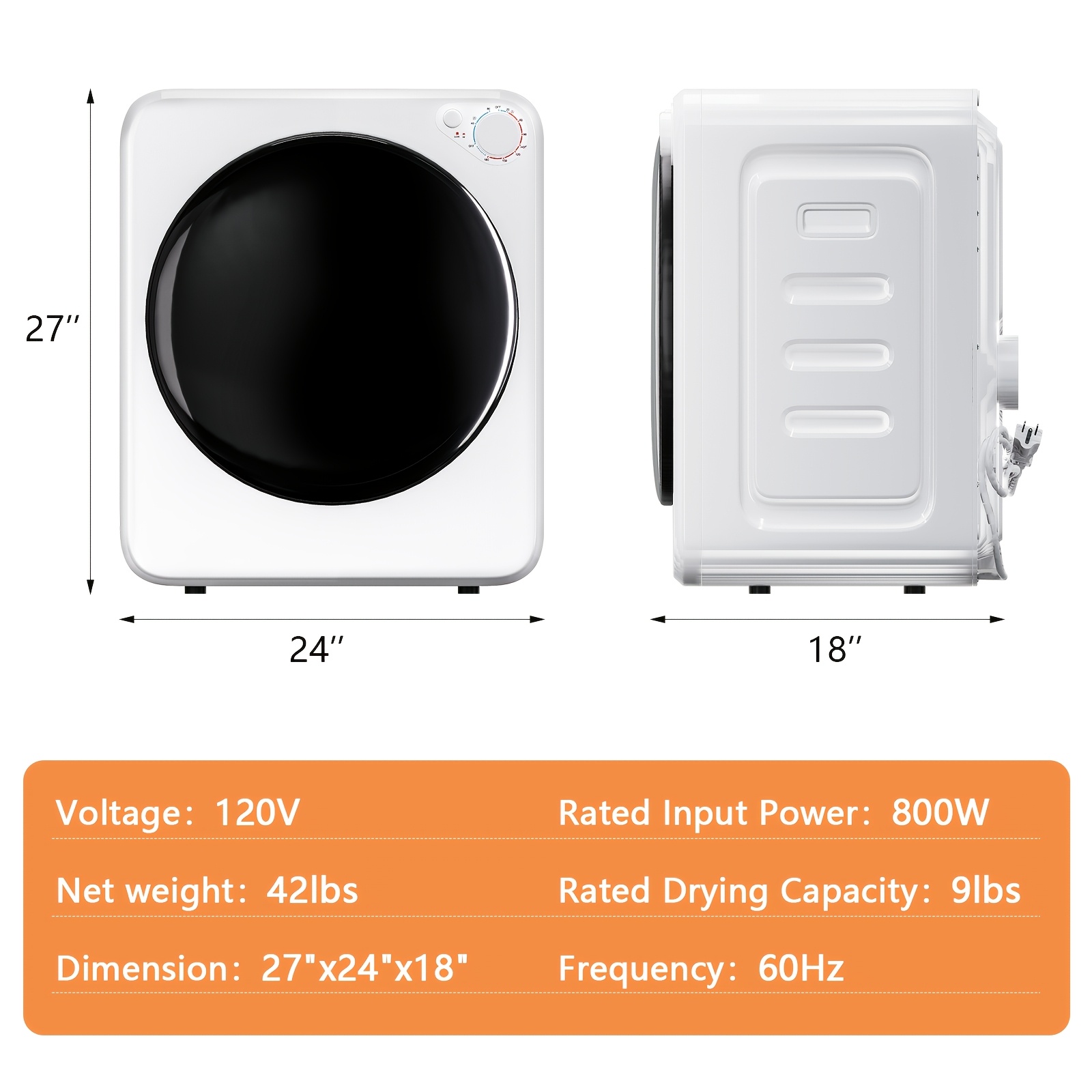 TEMU 2.6 Cu.ft Portable Clothes Dryer, Compact Dryer With Stainless Steel Tub, 5 Auto Stop & Electric Dryers, Ideal For Laundry, Apartments, Dorms, Rvs, White