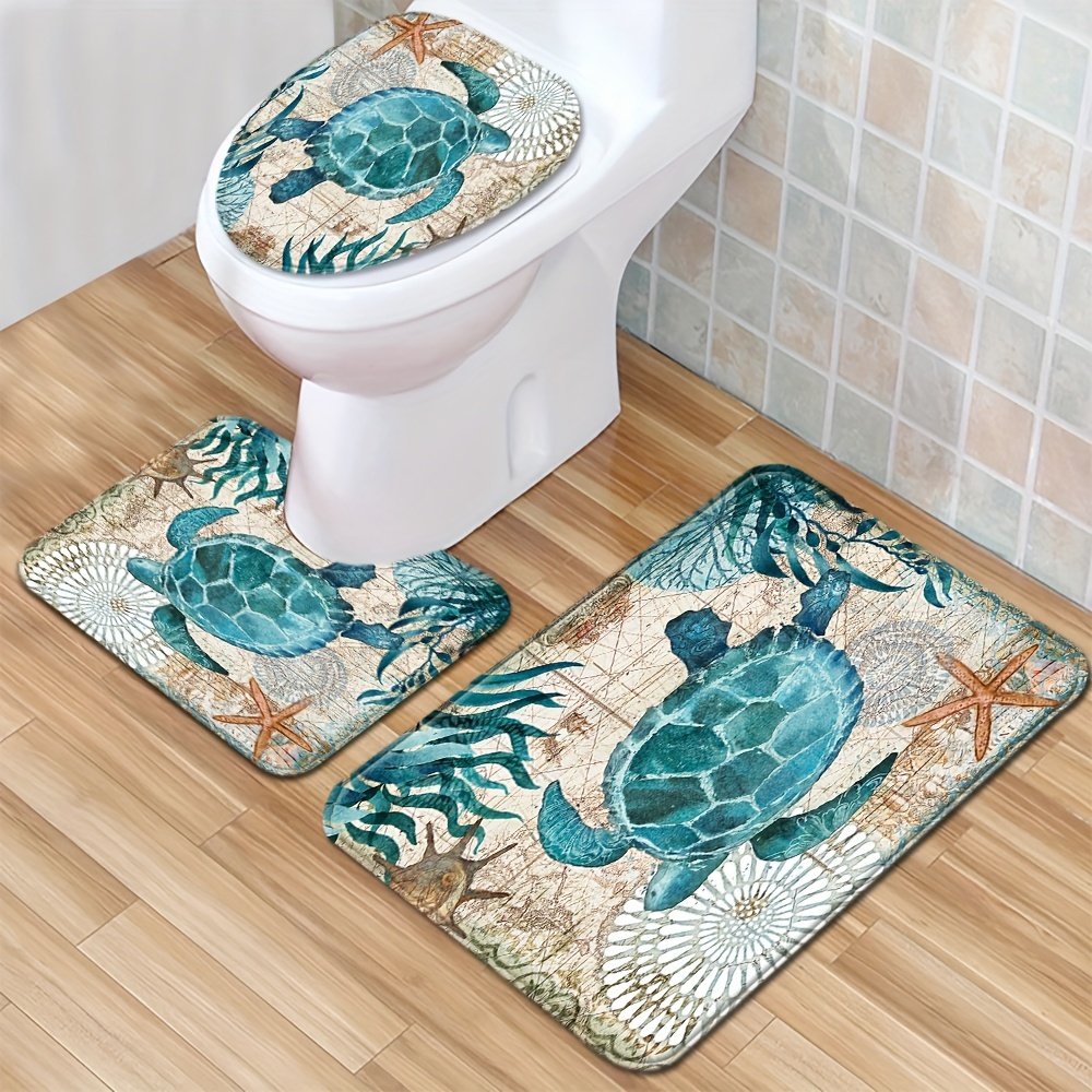 

1/3pcs Classic Vintage Sea Turtle Pattern Floor Mat Set, Toilet Cover Rug, Bathroom Rug, Toilet Water Absorbent Door Mat, Non-slip Floor Mat, Machine Washable Mat