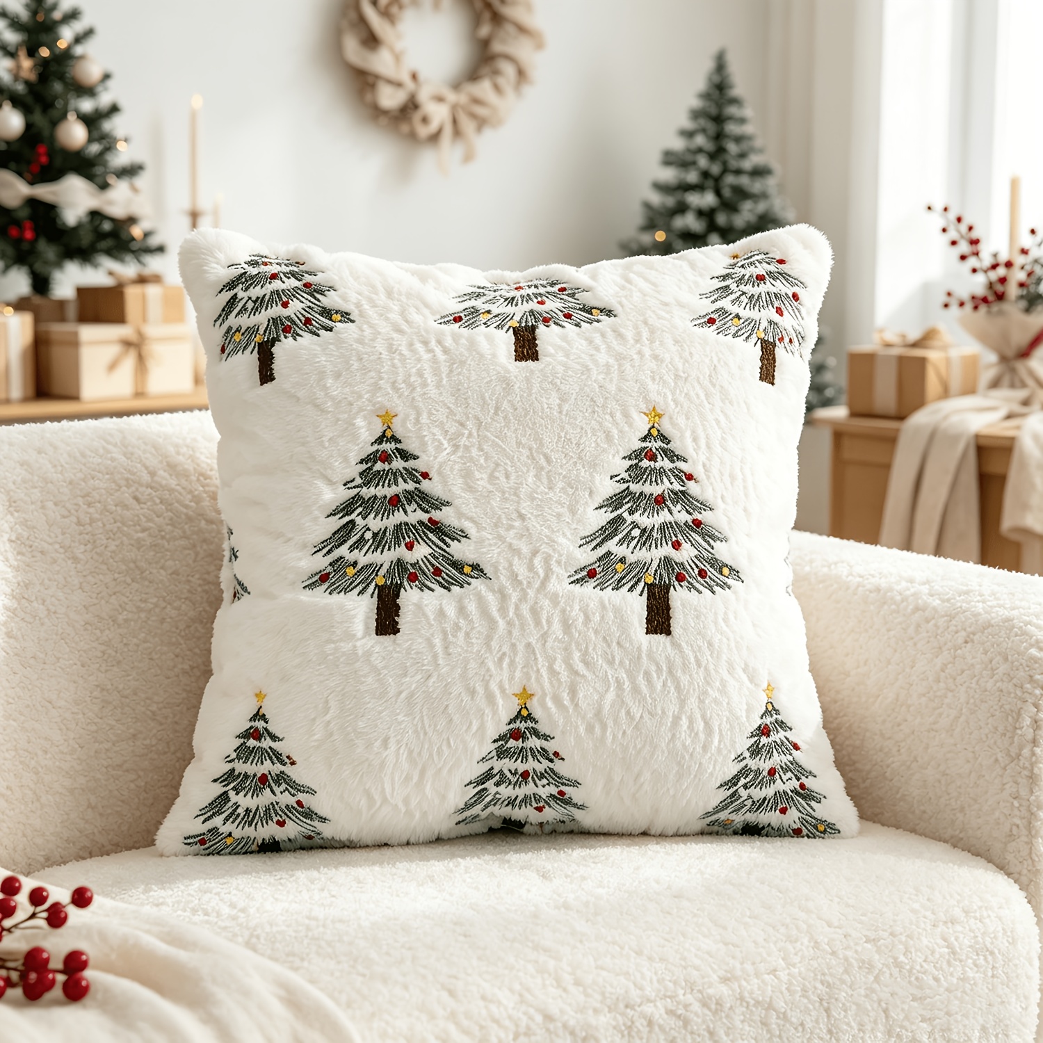TEMU 1pc Imitation Rabbit Christmas Decorative Pillow Cover, Short-haired Embroidered Christmas Tree Pillowcase, Soft And Comfortable Cushion Cover,