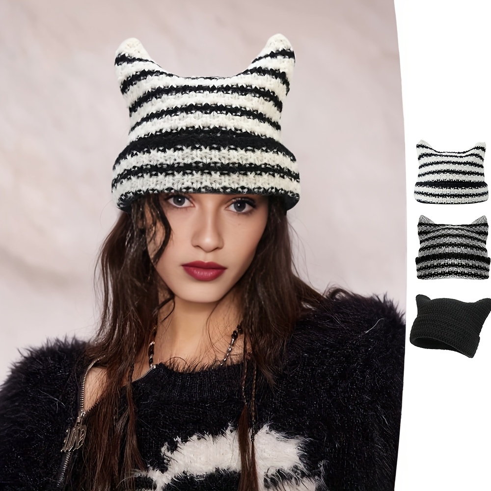 

Women's Winter Cat Ear Hat, Soft Striped Knitted Beanie With Hook Detail, Fashionable And Warm Polyester