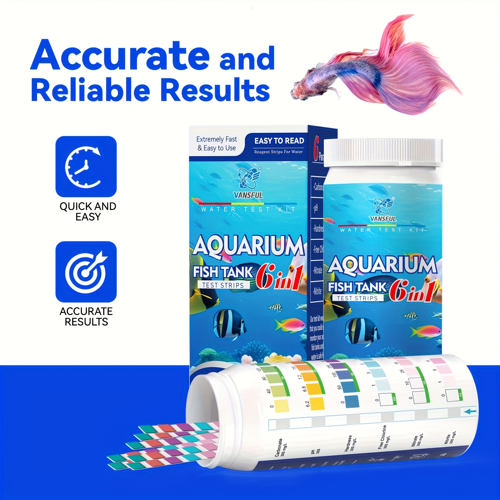 Aquarium Fish Tank 6-Item Water Quality Test Strips All-Round Detection Carbonate Nitrate Nitrite Hardness Residual Chlorine Ph Test Strips (100 Strips/Roll)