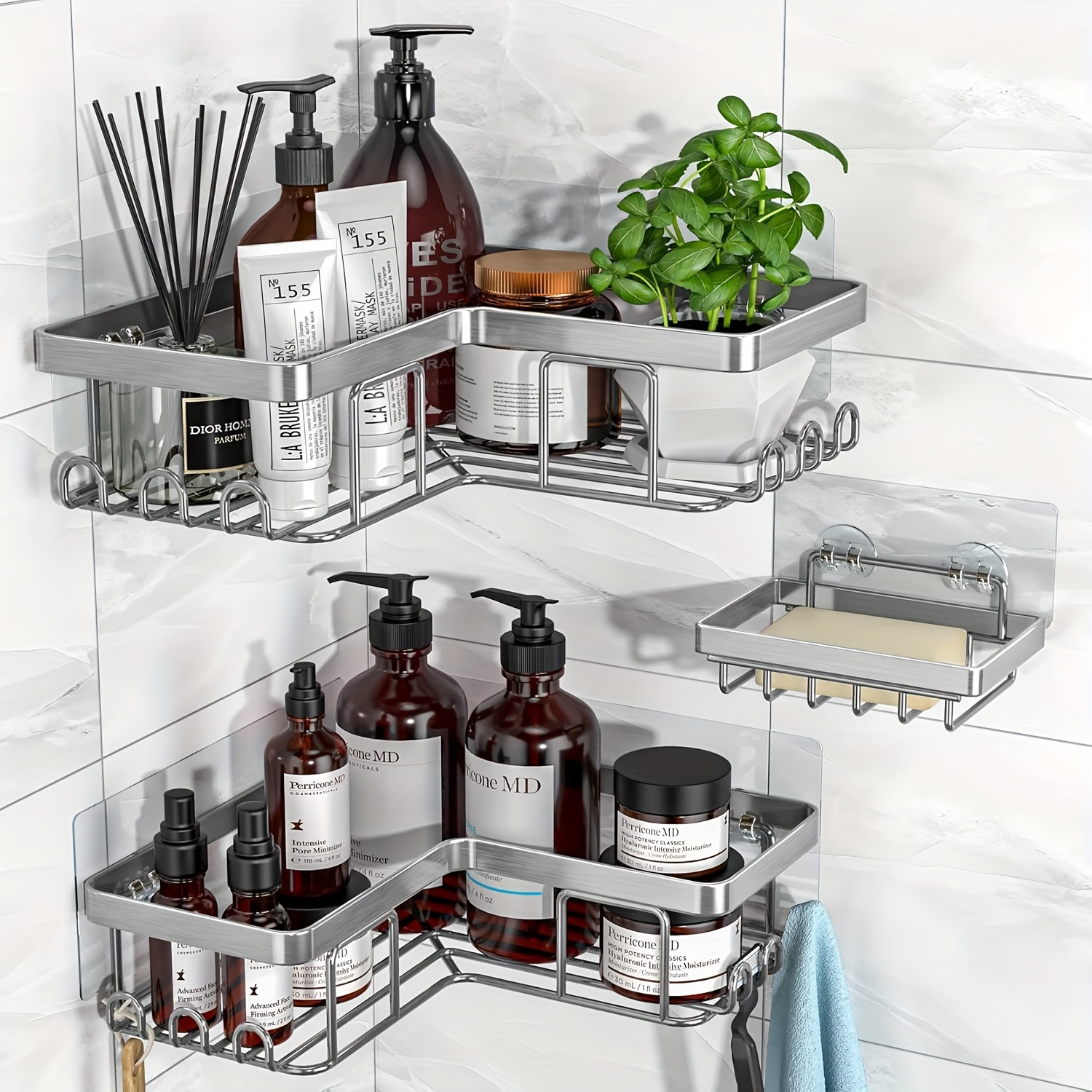 Corner Adhesive Shower Caddy, With Soap Holder And 12 Hooks, Rustproof Stainless Steel Bathroom Organizer, No Drilling Wall Mounted Rack, Black, 3-pack, Shower Caddies