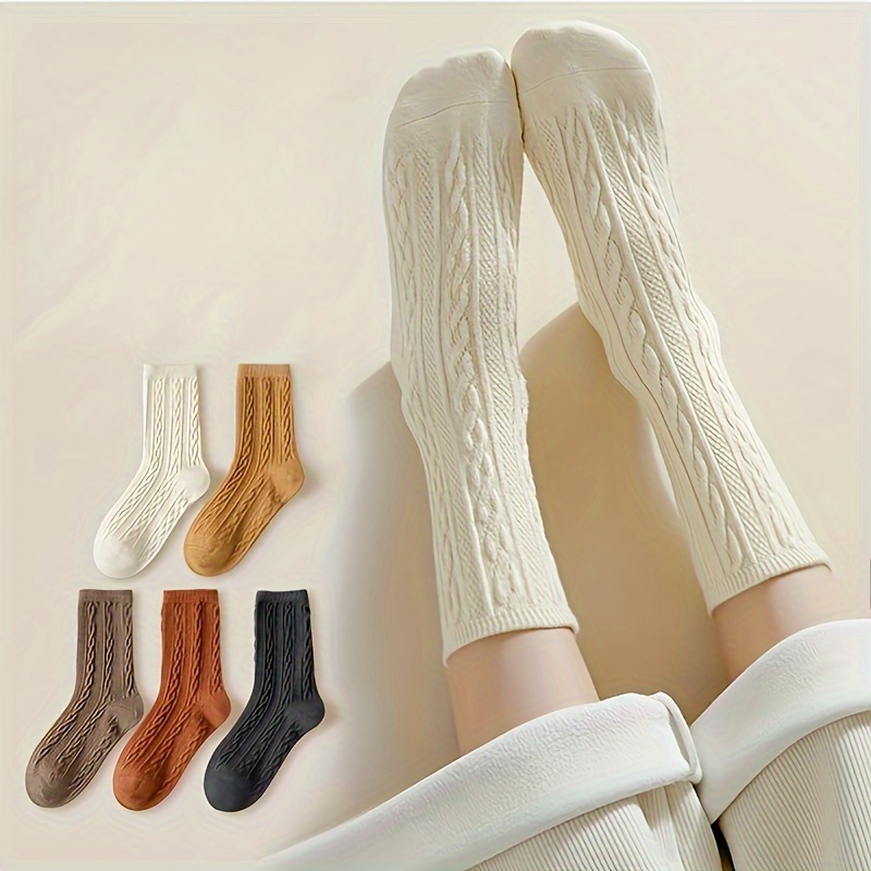 

5 Pairs Twist Pattern , & Thickened Mid For Fall & , 's Stockings & Hosiery