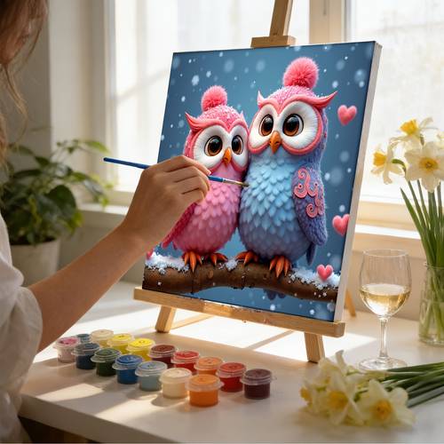 professionelle kunstanwendung, entfesseln sie ihren inneren künstler mit diesem rahmenlosen digitalen ölgemälde-set verschneiten eulenpaares zum valentinstag. für alle könnensstufen, eine entspannende möglichkeit, wunderschönes für ihr zuhause oder büro zu schaffen