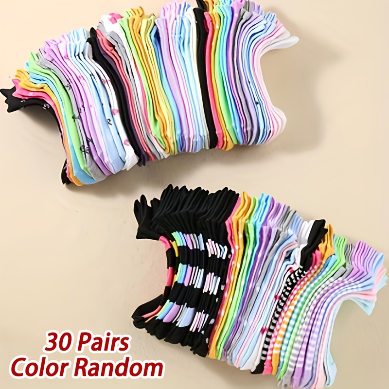 30-pair Random Multicolor Candy-style Ankle Socks, Featuring Vibrant Candy-colored Hearts, Polka Dots, And Bows In Patterns. Soft, Comfortable, And Breathable, Suitable For Daily Wear