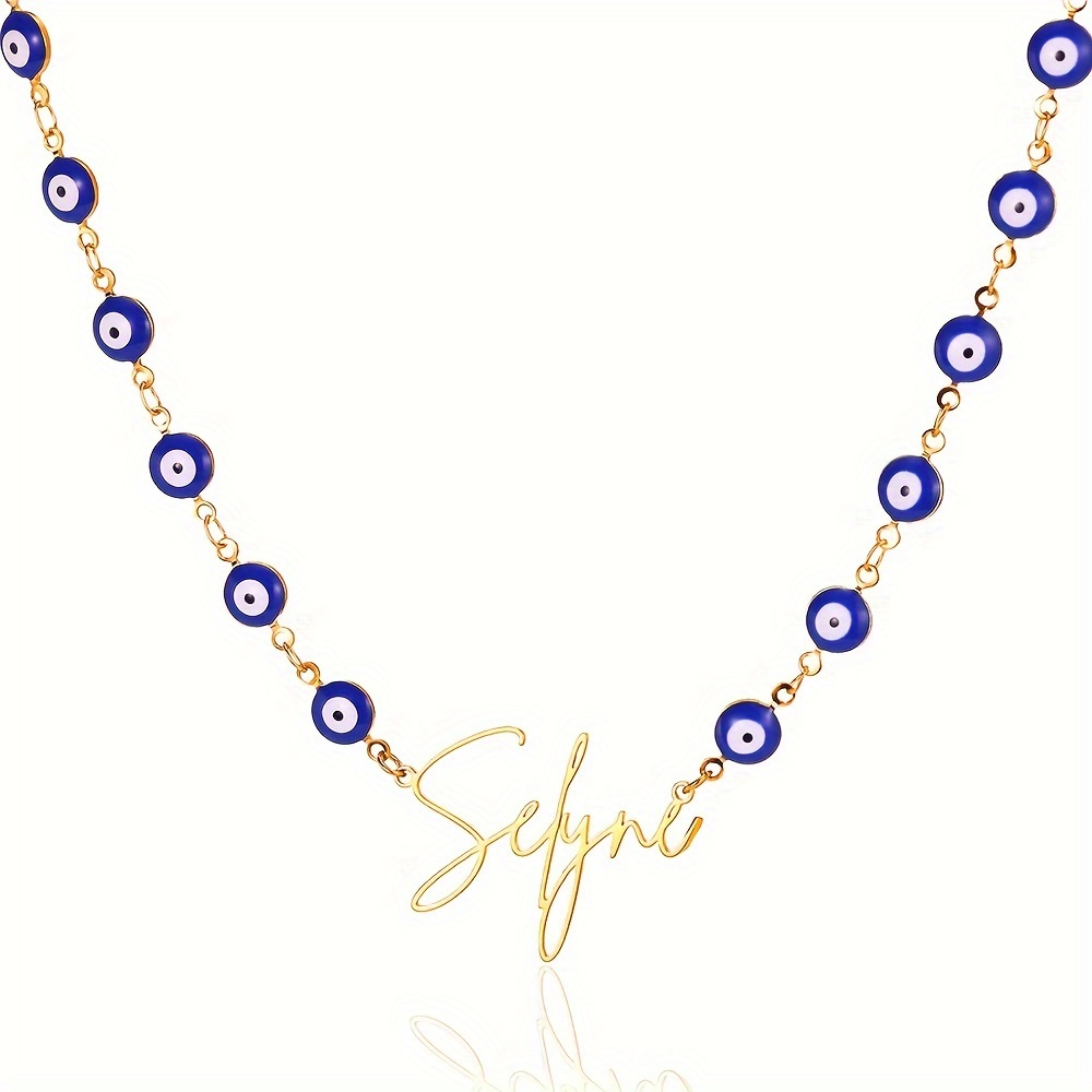 Image of Custom Blue Eye Chain Name Necklace, Evil Eye Name Necklace, Women's Amulet Jewelry, Gift, Language To English