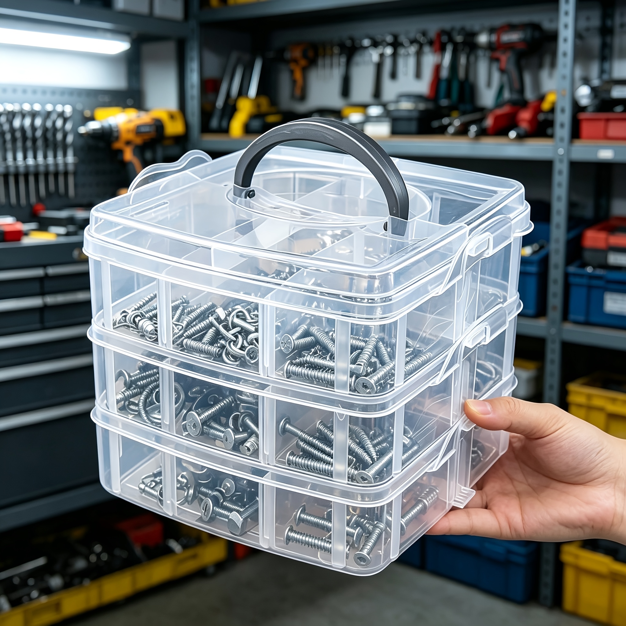 TEMU Scatola portatile a 3 ripiani per riporre pezzi di ricambio, design multiscomparto a di , organizzatore impilabile per viti e dadi, cassetta