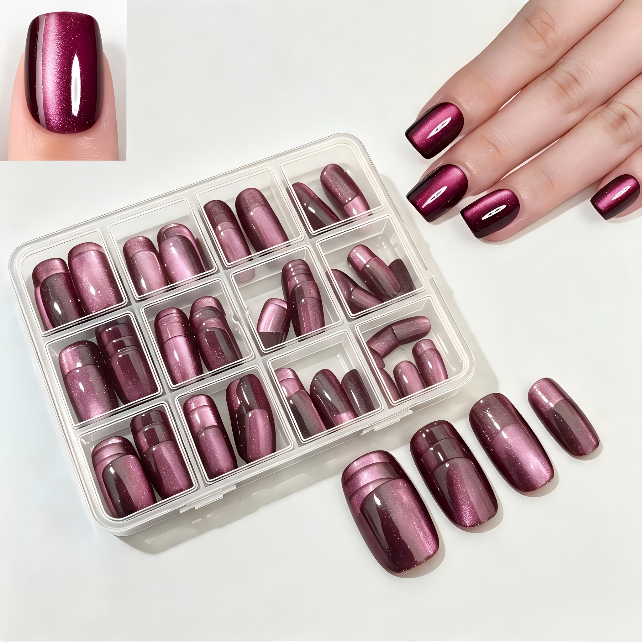 TEMU 120pcs Press-on Square Fake Nails, Purple Cat Coverage, Simple And Versatile, Luxurious And High-end, Showcasing Beauty, Removable And Reusable