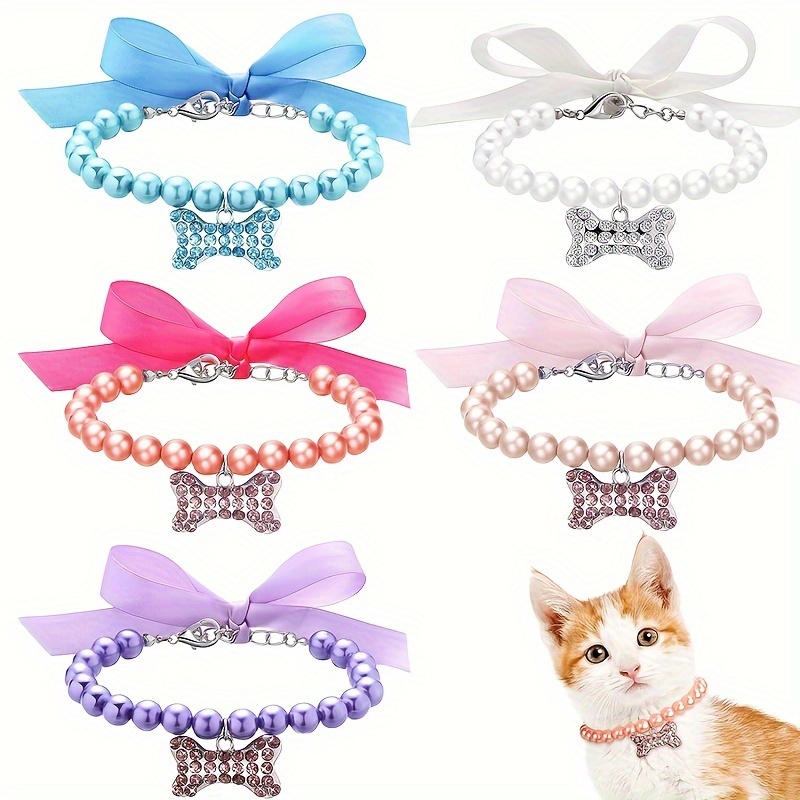 

5 Pcs Pet Pearl Necklace Diamond Crystal Dog Pearl Necklace Collar With Shining Water Diamond Bone Dog Pearl Jewelry Set Wedding Collar, Suitable For Dogs