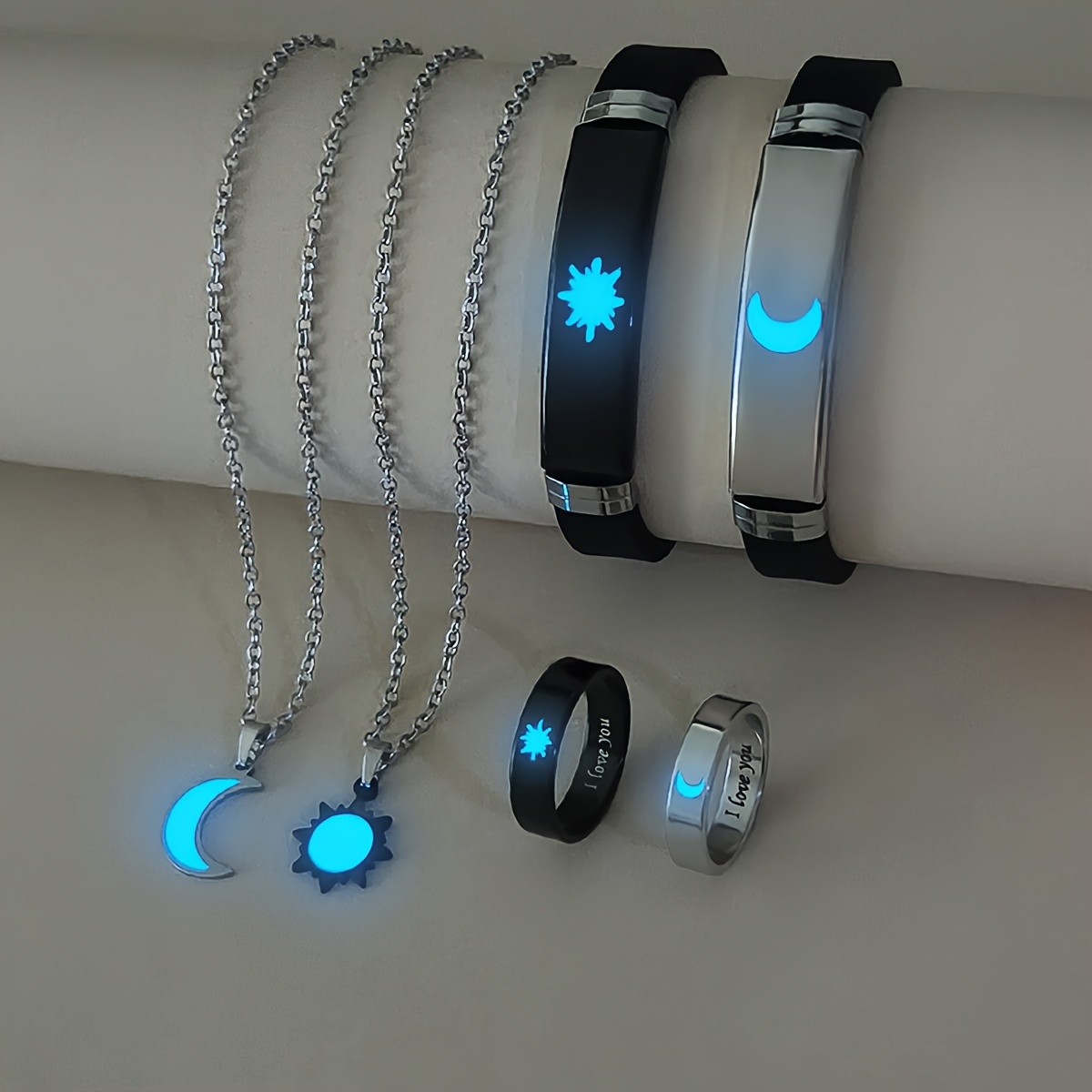 TEMU 6 piezas/set de Collar, Pulsera y Anillo de Pareja SOL y LUNA "", Accesorios de Moda para Confesión de San Valentín, Regalos de Navidad para