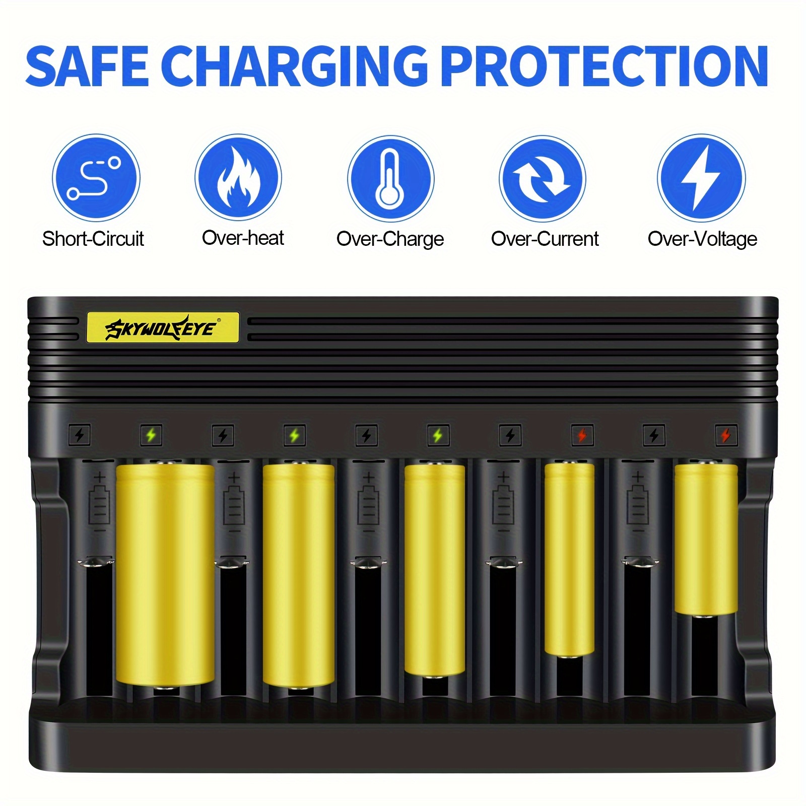 

10 Slot Intelligent Charger 3.7v Lithium-ion Charging 26650 16340 14500 10500 Battery (the Charging Cable Includes)