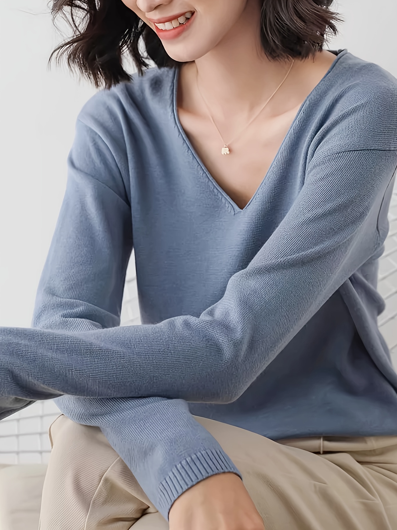 womens elegant v neck sweater light blue pullover top long Temu
