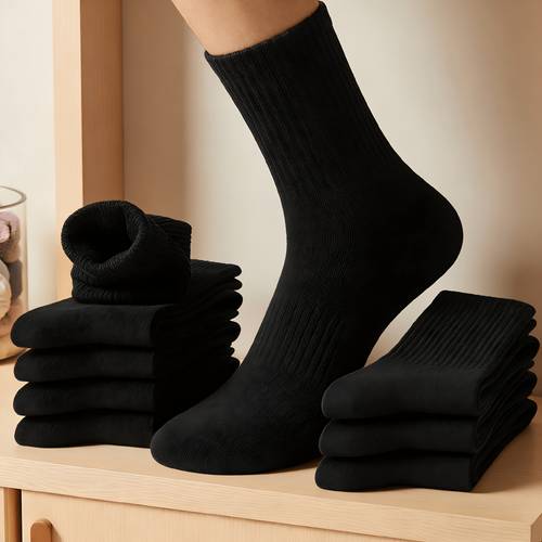 6 pairs mens premium cotton blend calf socks solid black breathable sweat absorbent machine washable soft fabric durable for outdoor leisure daily wear