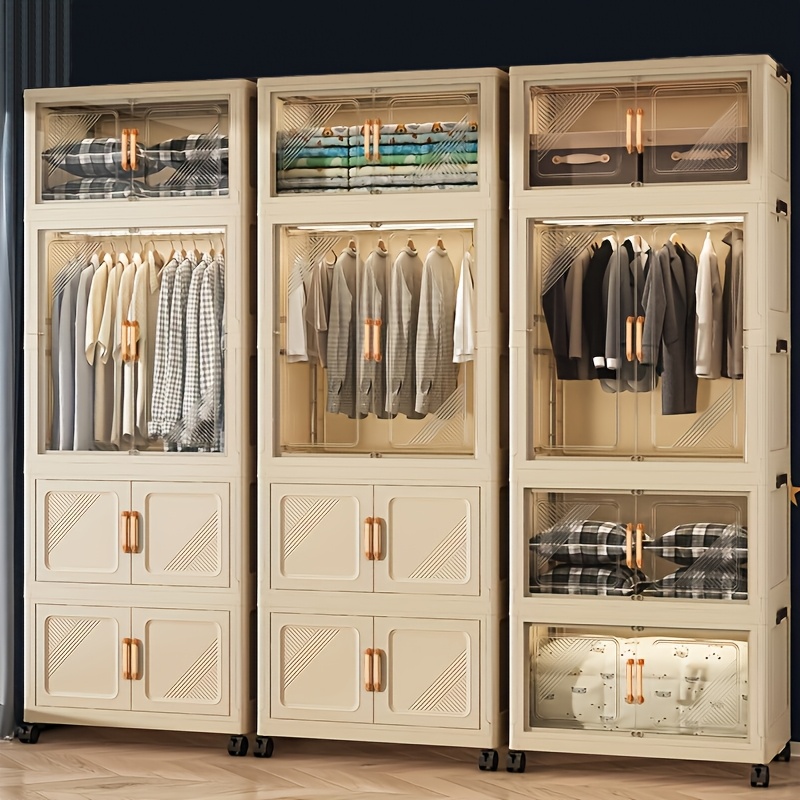 3/4-stöckiger, faltbarer Kleiderschrank-Organizer mit Deckel und Rädern | Stapelbare Kleidung, Aufbewahrungsboxen für Zuhause und Büro | Faltbare Aufbewahrungsboxen aus Kunststoff mit Türen