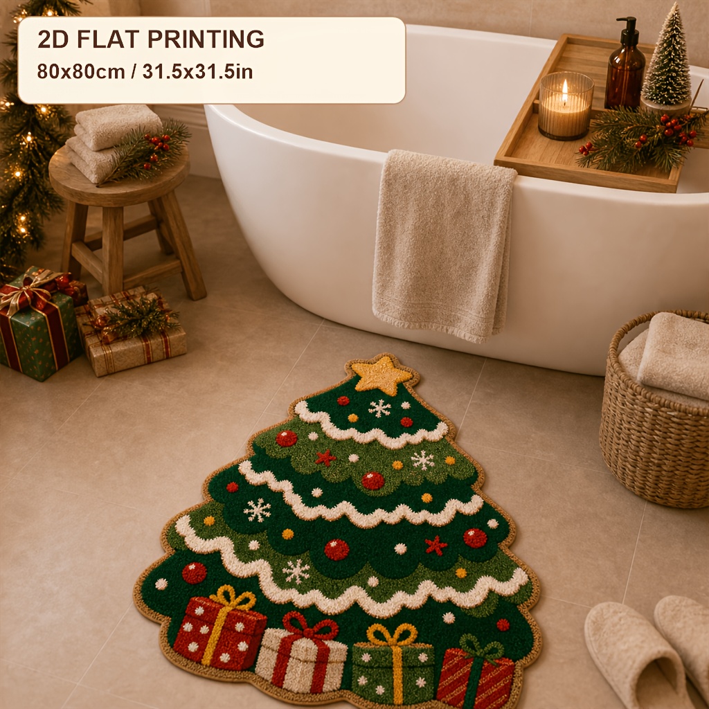 TEMU 1pc 2d Christmas Tree Shaped Rug Non-slip Machine Washable Bathroom Mat For Entrance And Bathroom Decor Home Decoration
