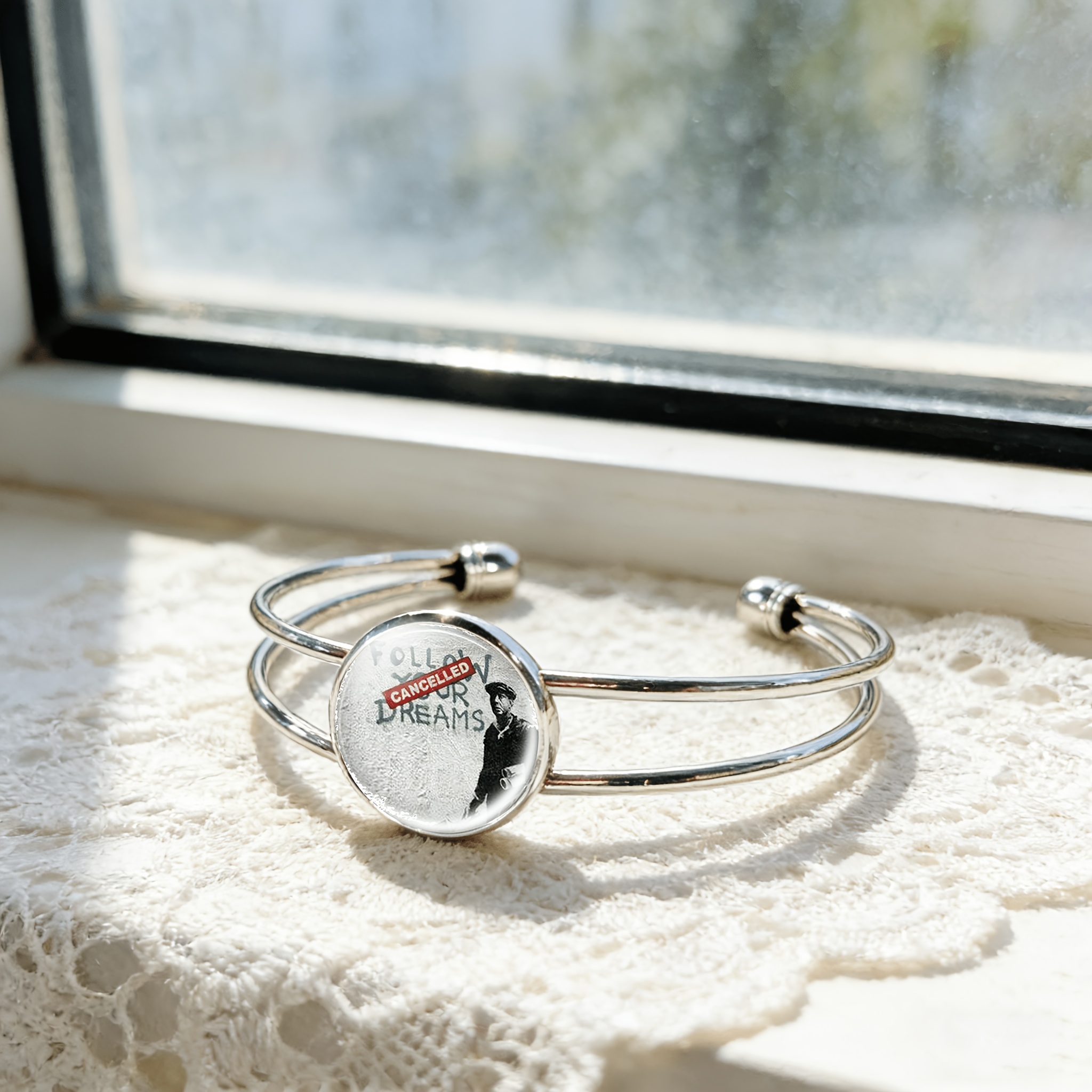Adjustable Open Bangle with Round Time Gemstone Inlay, Dream Gift