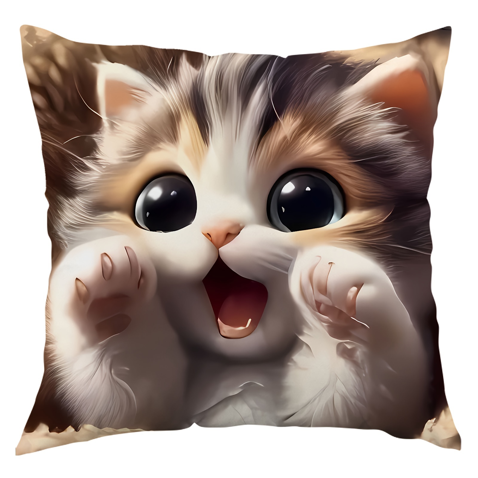 

1pc Adorable Big- Kitten Plush Throw Pillow Cover, Contemporary Style, Machine Washable, Zipper Closure, Single-sided Print, Home Decor For Room Types, 18x18 Inches - Polyester, Decorative Pillows