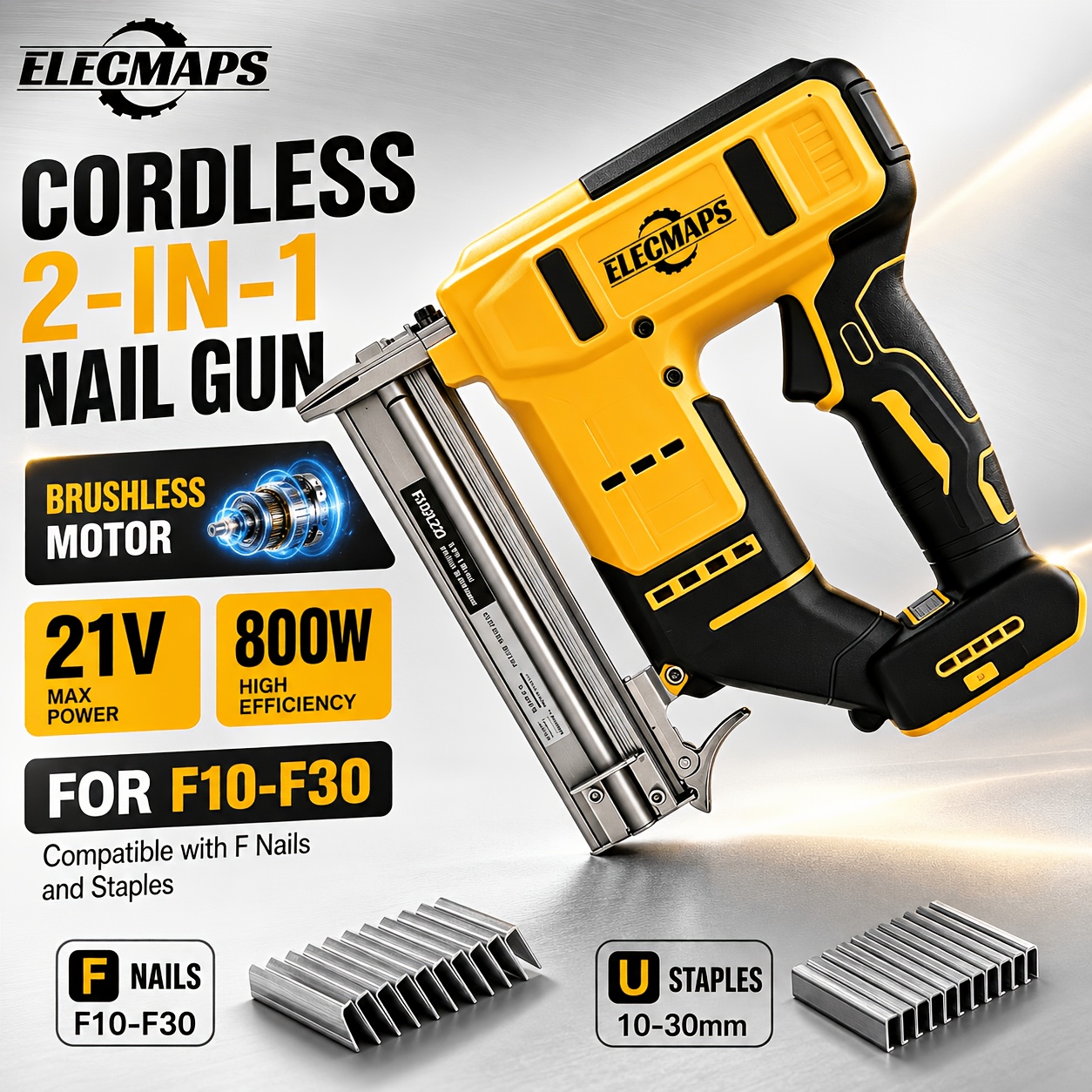 TEMU Pistolet à clous et agrafeuse fil combiné, cloueur électrique 2-en-1 avec moteur balais, outil haute puissance 21V 800W, compatible avec clous