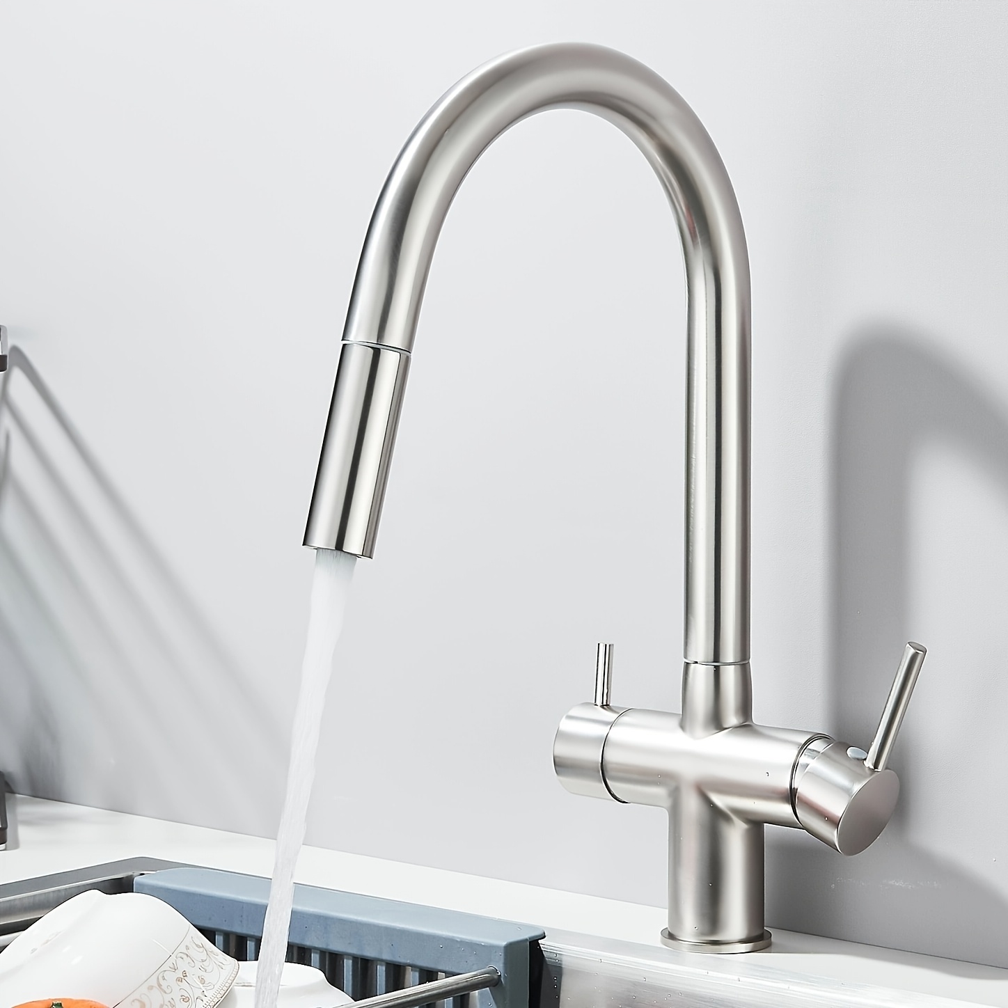Modern 3-way Extendable Kitchen Tap With Swivel Spout & Valve - Brushed/bake Suitable For Sink, Faucet, Water Included, Single Hole Installation, G1/2 Connector For Or Commercial Use