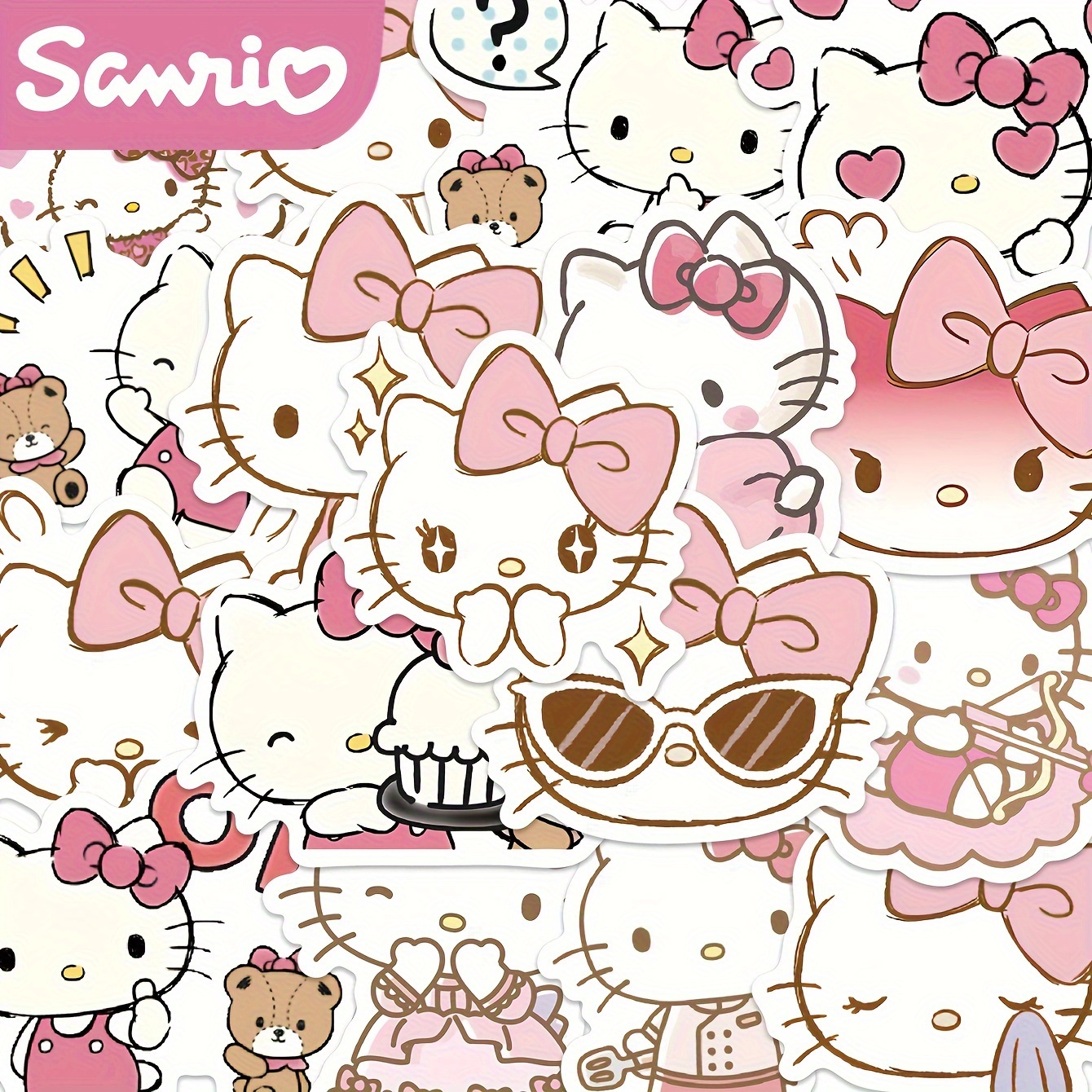 Sanrio Hello Kitty Stickers, 50pc Waterproof Vinyl Decal Set for Laptops, Phones, Cups - Shimmery Self-Adhesive PVC Cartoon Stickers, Irregular Shapes, Single Use - Vibrant Hello Kitty Seals