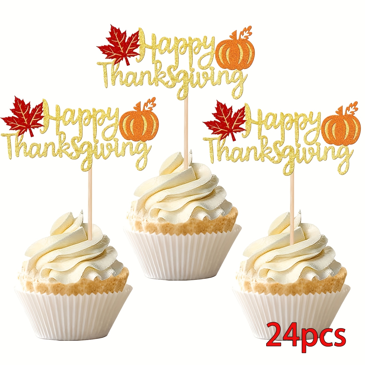 TEMU 24 décorations de cupcakes " Fête de Thanksgiving" avec paillettes, motif automnal feuille d'érable et citrouille, pour la fête de Thanksgiving,