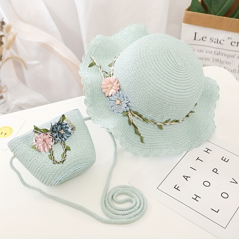 2pcs, Girls Flowers Decor Lace Trim Straw Hat And Straw Bag Set, For Spring Summer Outdoor Activities Beach Vacation