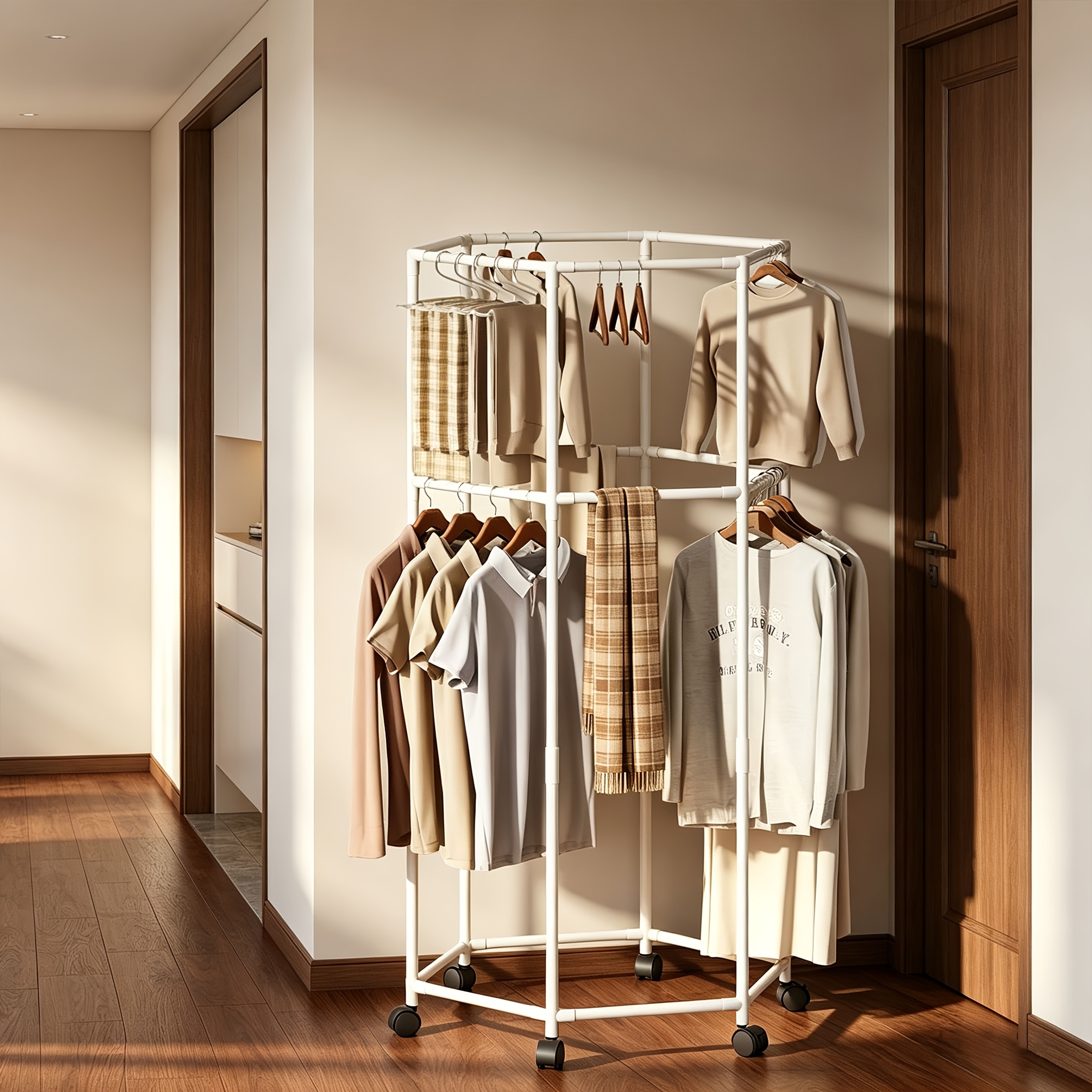 TEMU Rolling Rotating Hexagonal Hanger, 360-degree Movable Floor Hanger, Bedroom Freestanding Wardrobe Storage Rack, Heavy-duty Corner Hanger With