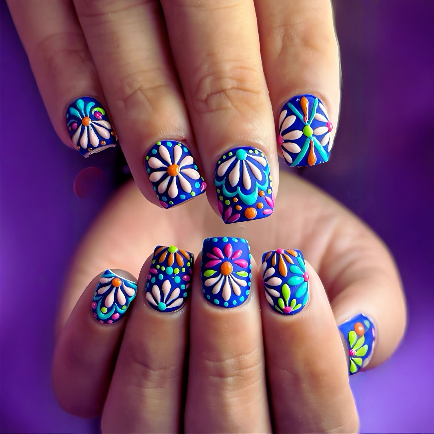 TEMU 24pcs Of Short Square Fake Nails, Designed With Blue Colorful 3d Relief, Stickers, Removable Fake Nails