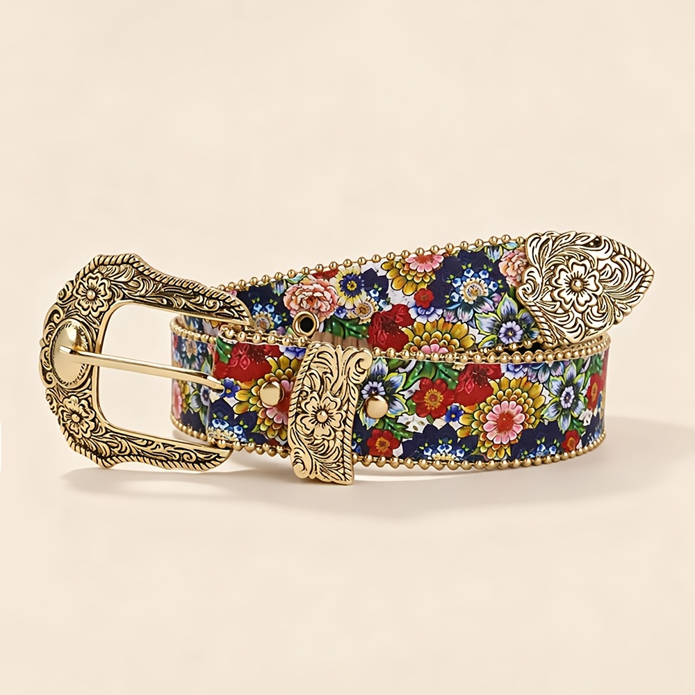 TEMU Vintage Pastoral Floral Women's Belt, Beaded Golden-trimmed Waist Belt, Colorful Floral Print Belt For Y2k/spicy Style, Perfect For Bohemian