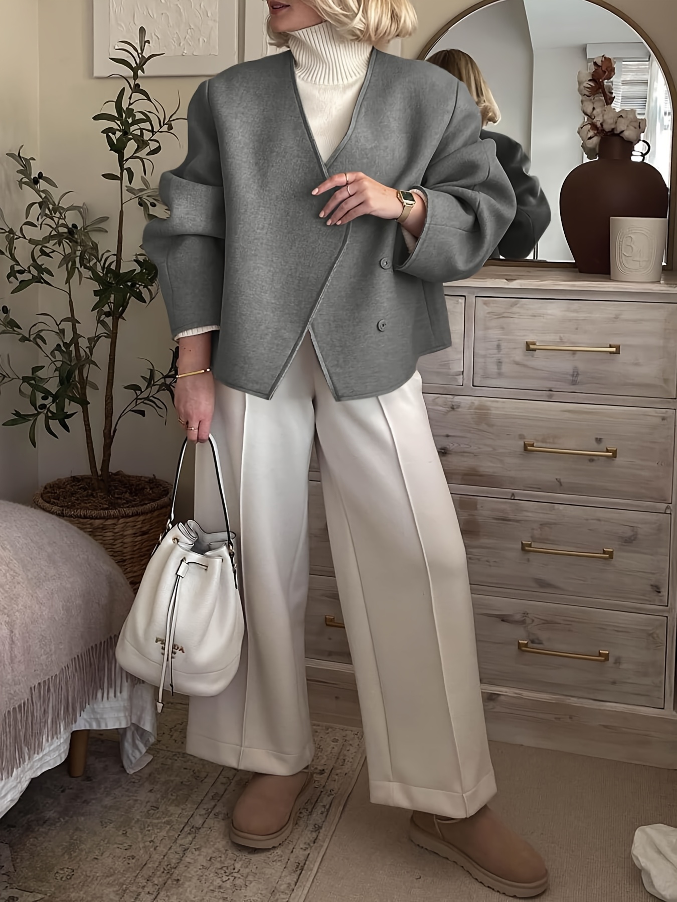 Oversized Short Grey Jacket Womens Womens Fashion Cropped Pea Coat