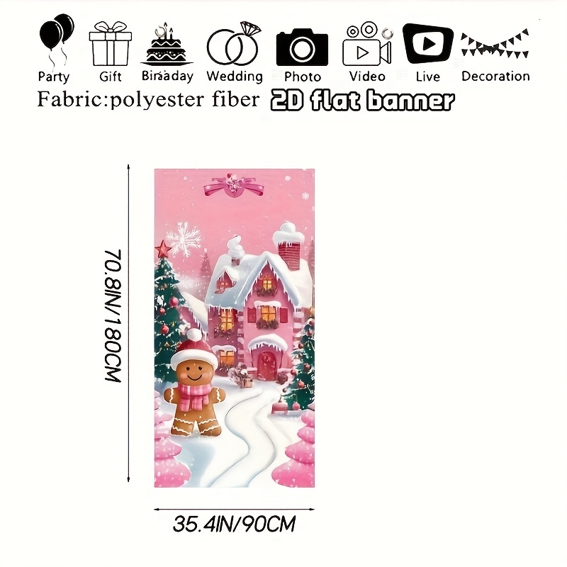 TEMU 2d Flat, 2d Flat, A Pink Christmas Door Decoration Banner Featuring A Cute Gingerbread Man Design, Perfect For A Festive Indoor Atmosphere,